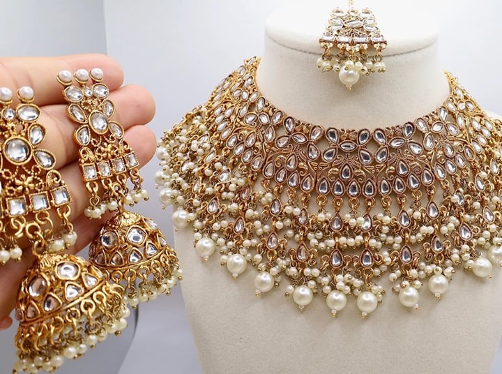 Pearl Studded Bridal Jewelry Set / Wedding Jewelry Set / Festive Necklace Set /