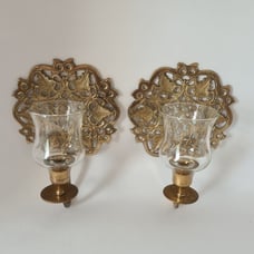 Vintage brass wall mount candle holders w/ glass sconces leaf mandala decor