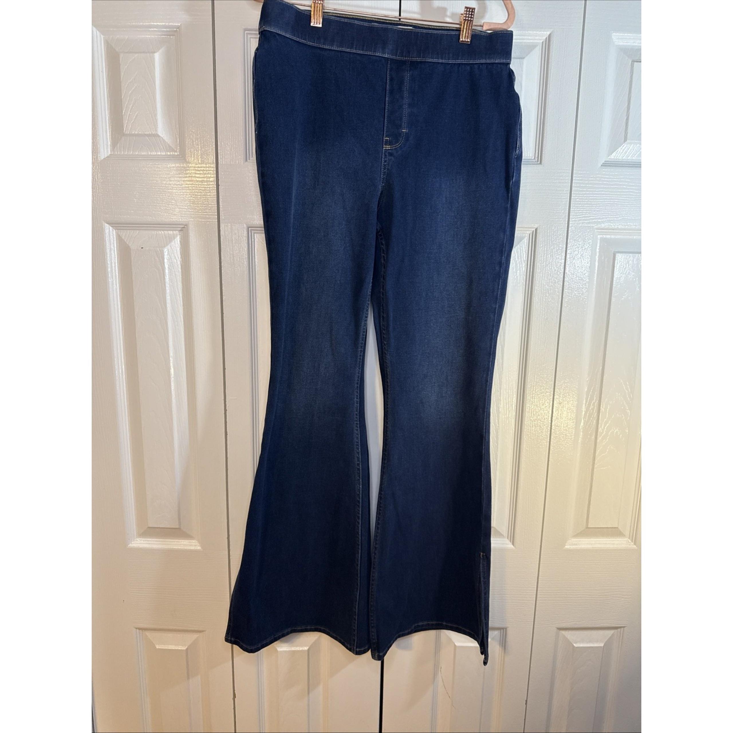 Soft Surroundings Ultimate Denim Slit Hem Jeans Sz L Pull On Flare Leg