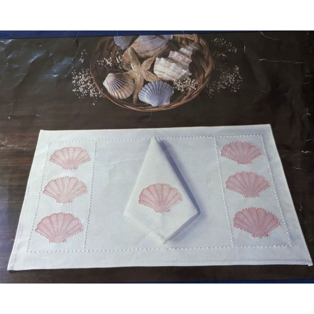 Vintage 1980's Seashell Placemats Napkins Candlewicking Embroidery Kit STARTED