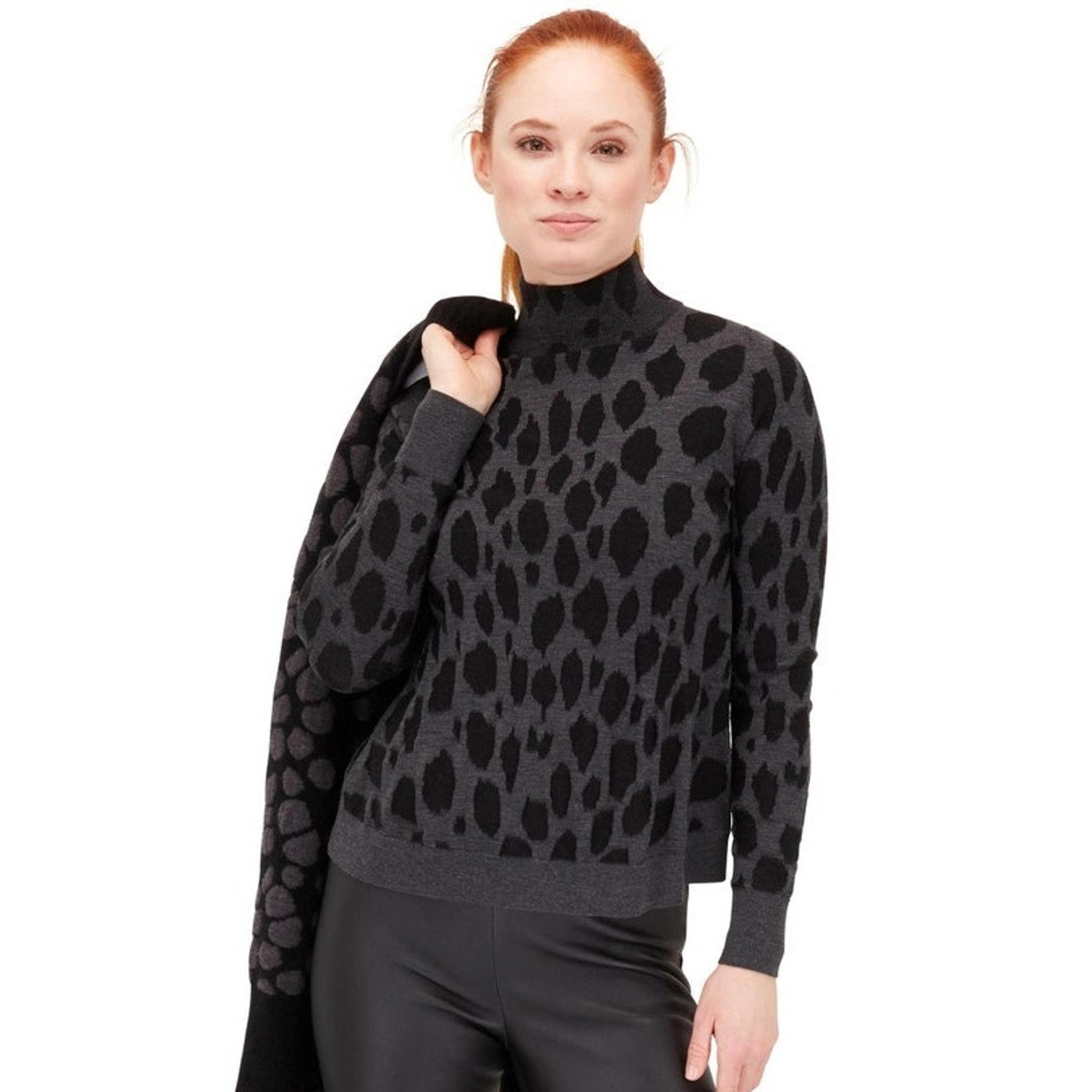 Akris Punto Graphite & Black Wool Animal Print Mockneck Sweater   Size: US 6