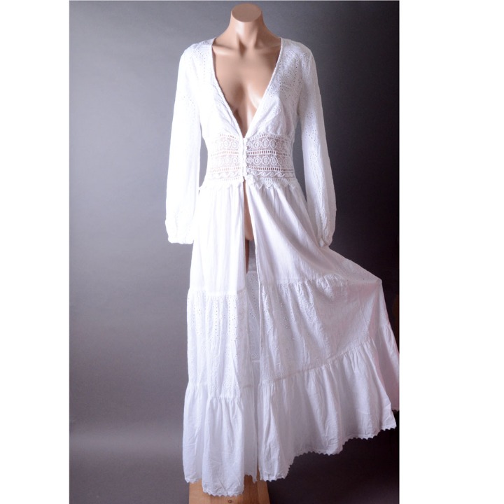 White Bohemian Boho Cotton V Neck Eyelet Slit Cutout Cardigan Maxi Dress M