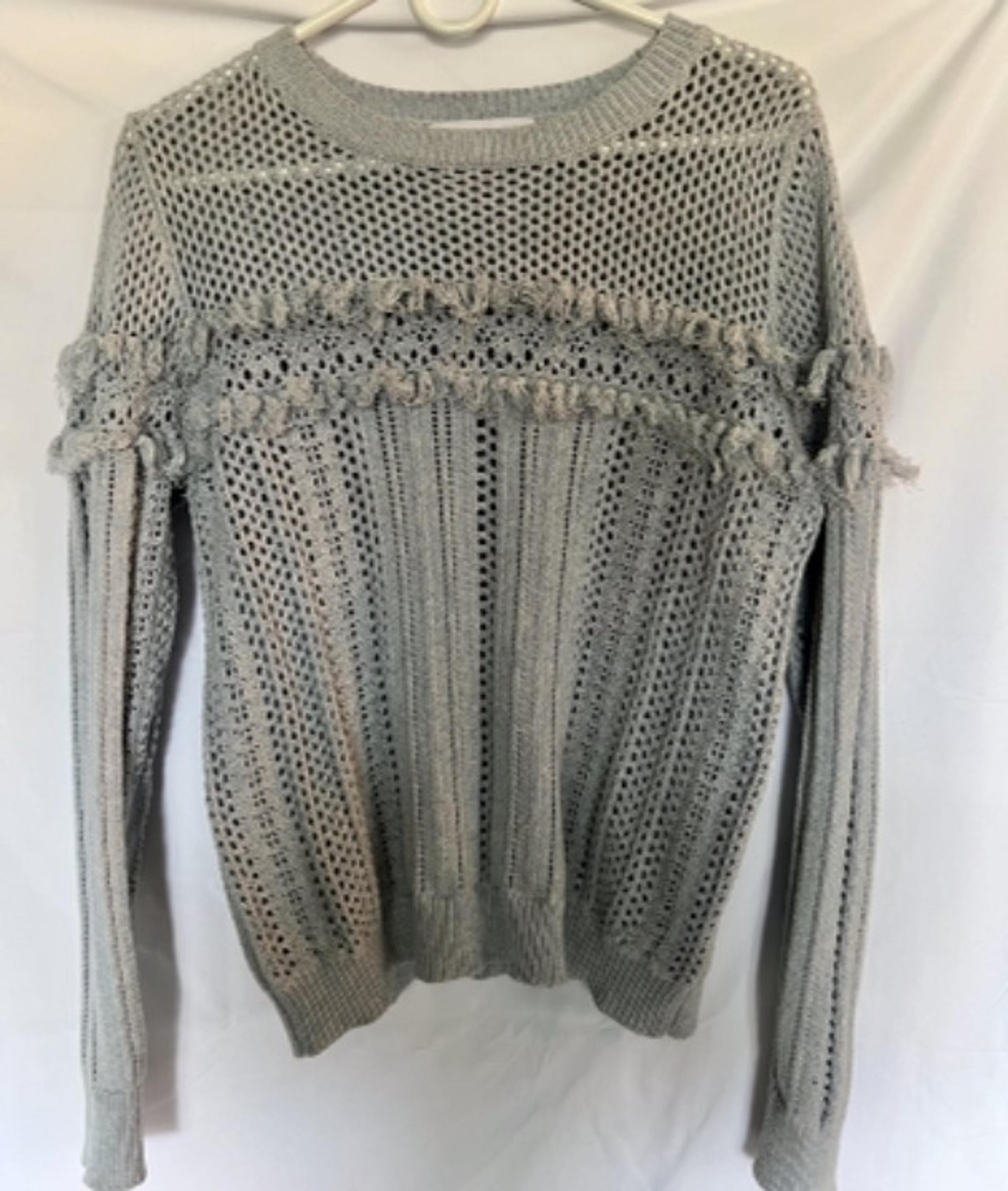 John + Jenn Open Knit Fringe Crew Neck Sweater S Green