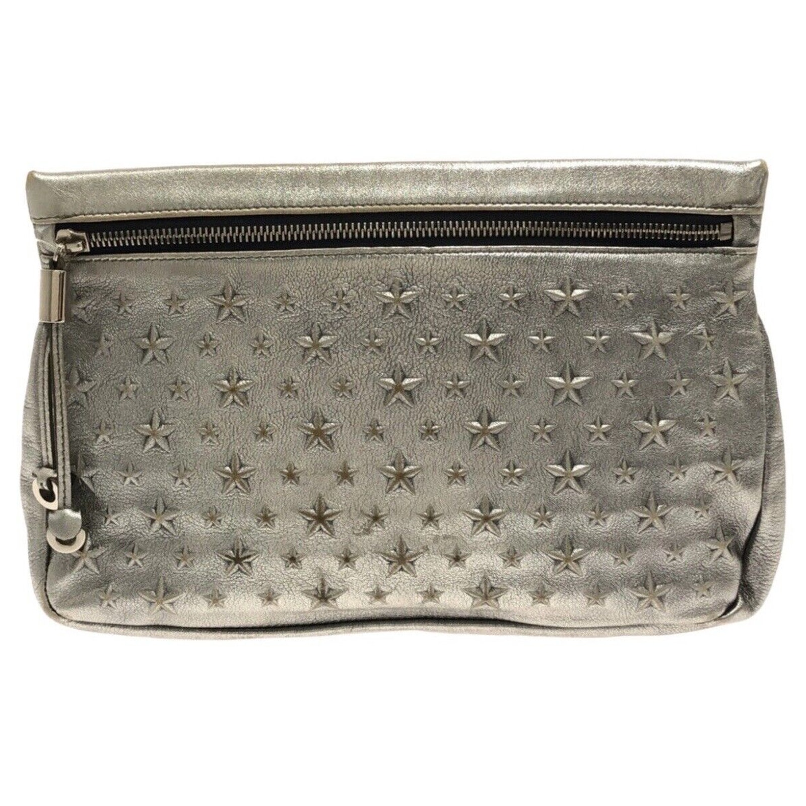 JIMMY CHOO Leather Clutch Silver Handbag Metal Star Embellished Authentic EUC