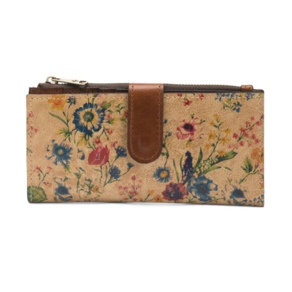 PATRICIA NASH Leather Nazari Floral Prairie Rose Continental Bi Fold Wallet Tan*