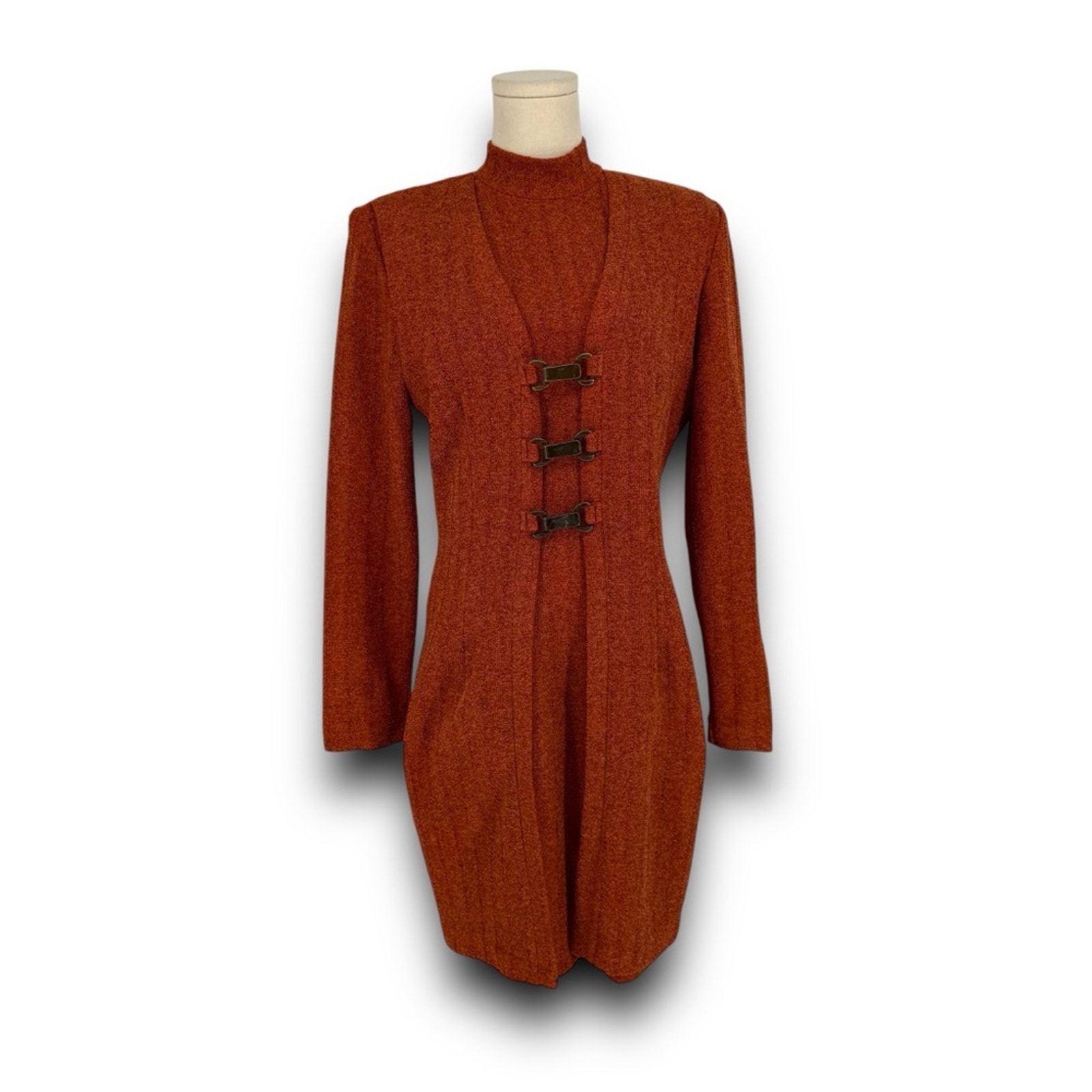 80s VTG Farouche by Lori Weidner Long Sleeve Knit Sweater Dress, Brass Embellish