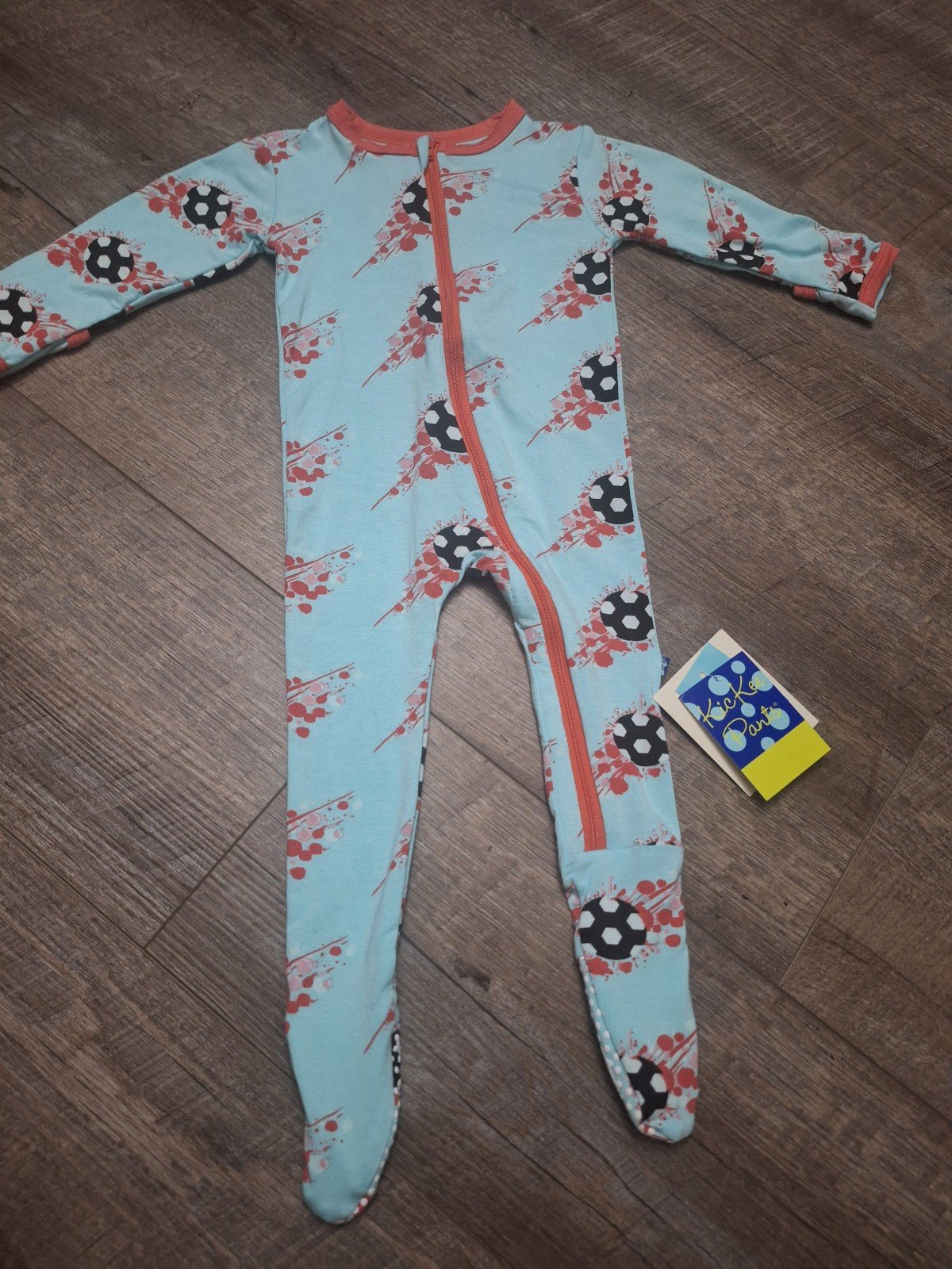 KicKee Pants 6-9 Summer Sky Soccer Splash Bamboo Footed Sleeper *New with Tags*