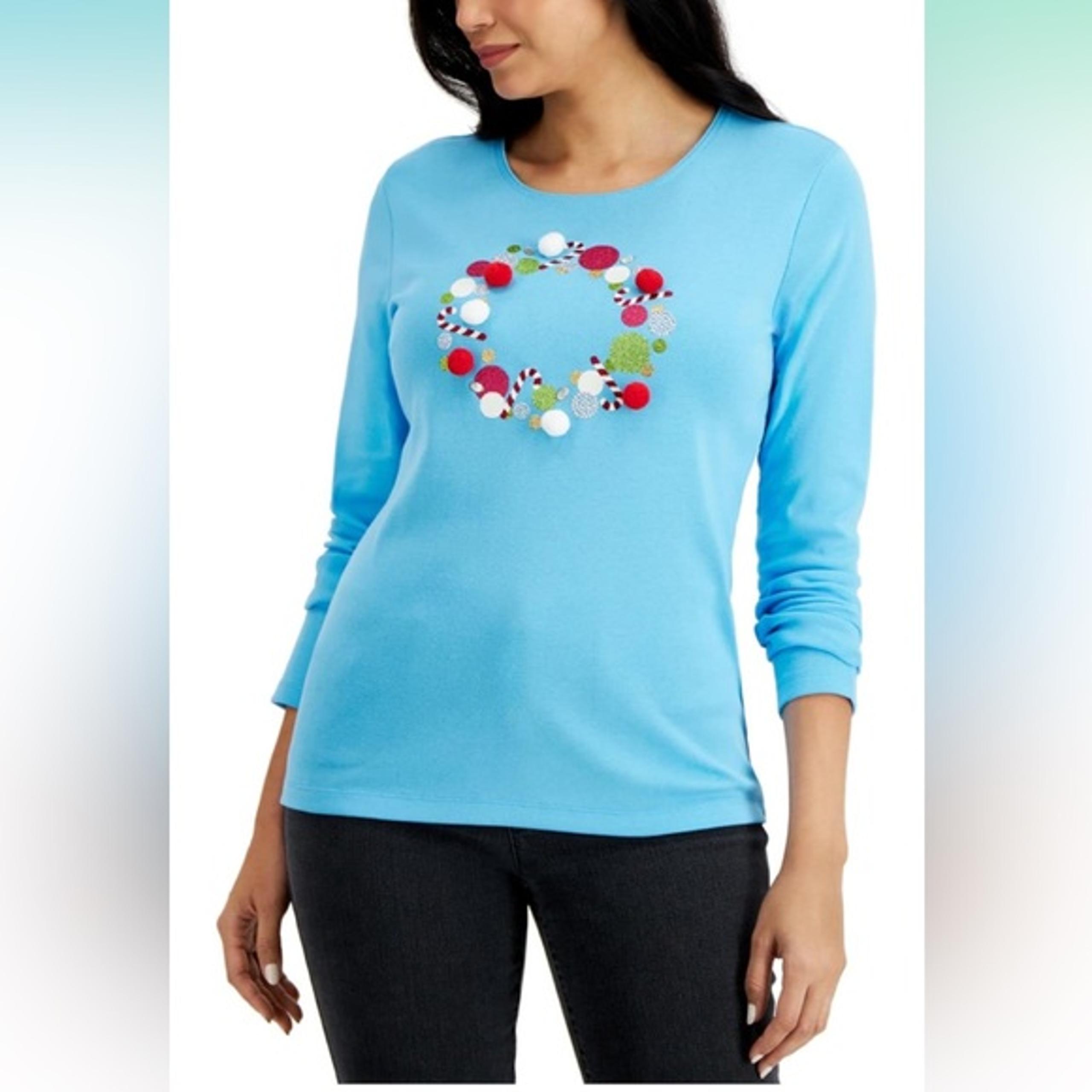 Karen Scott Christmas Wreath Long Sleeve Shirt