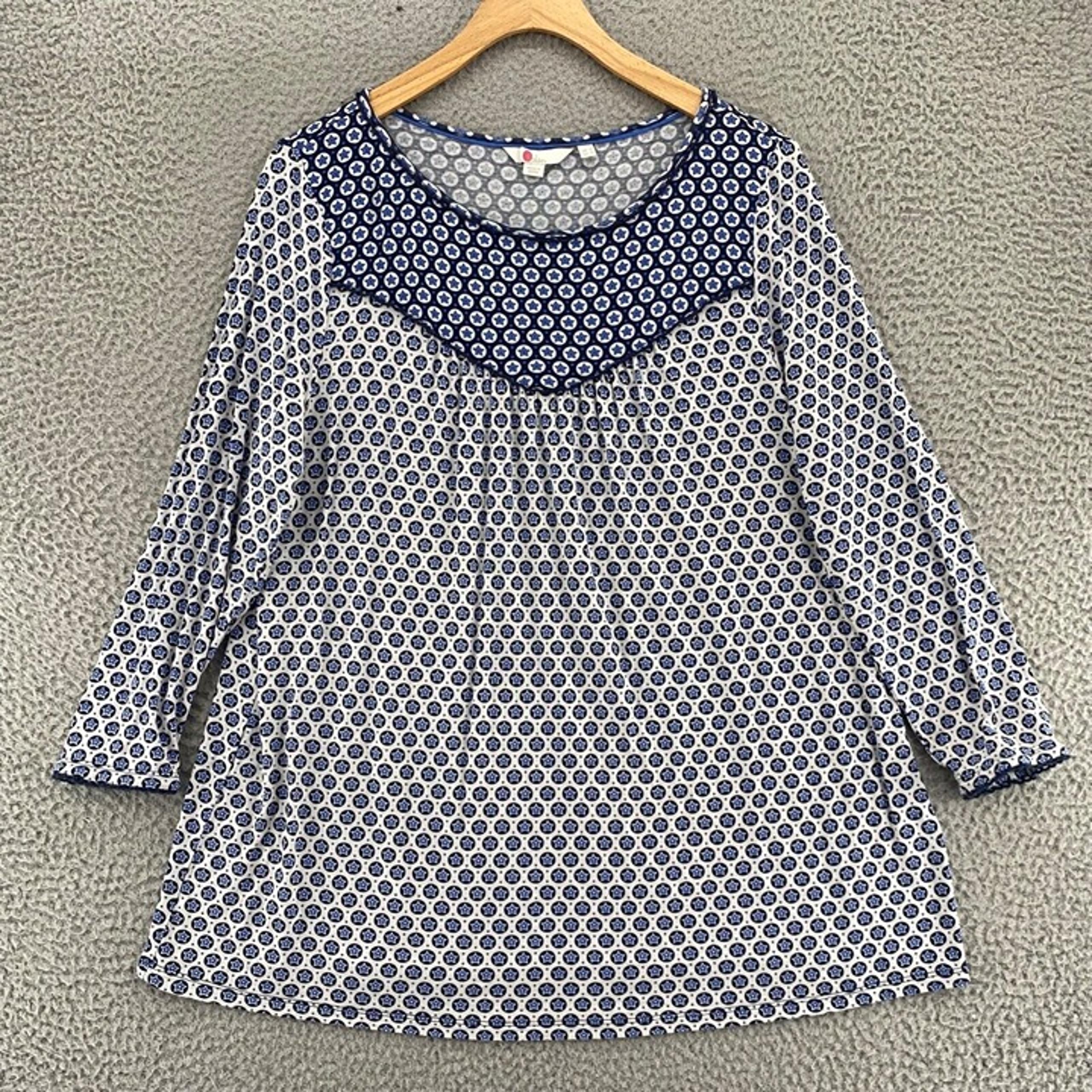 Boden Top Womens 12 Blue Star Mixed Polka Dot Long Sleeve Stretch Knit Pullover