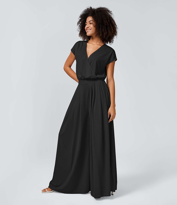 Halara V Neck Short Sleeve Side Pocket Wide Leg Flowy Waffle Casual Jumpsuit