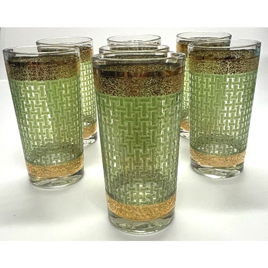 7 Vintage Culver Green Basket Weave Gold Trimmed HighBall Glasses