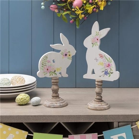 2 Pack Easter Bunny Table Décor Easter Rabbit Tabletop Wooden Signs Hand