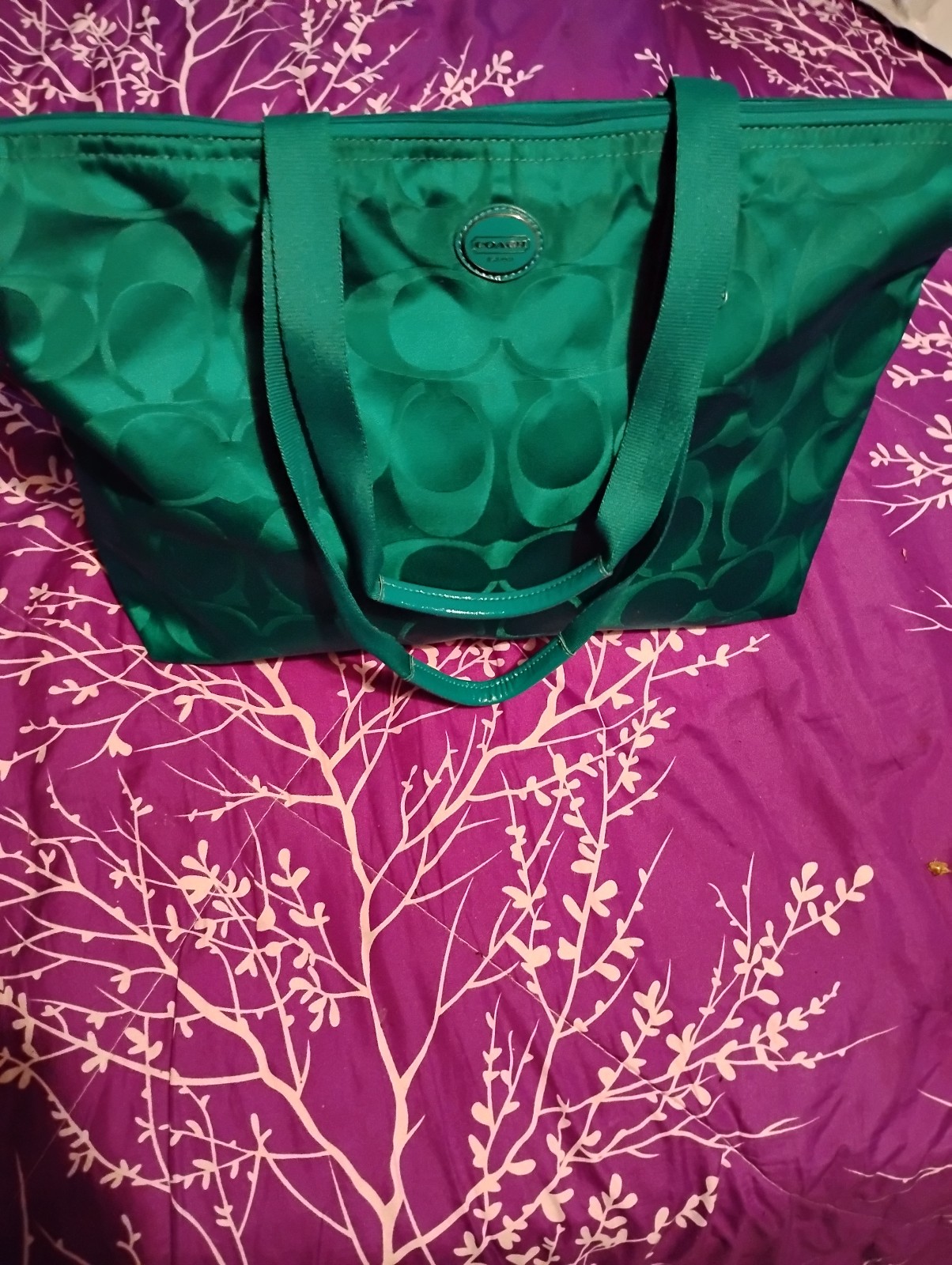COACH emerald green large signature Nylon Packable Weekender Tote Bag & Pouch