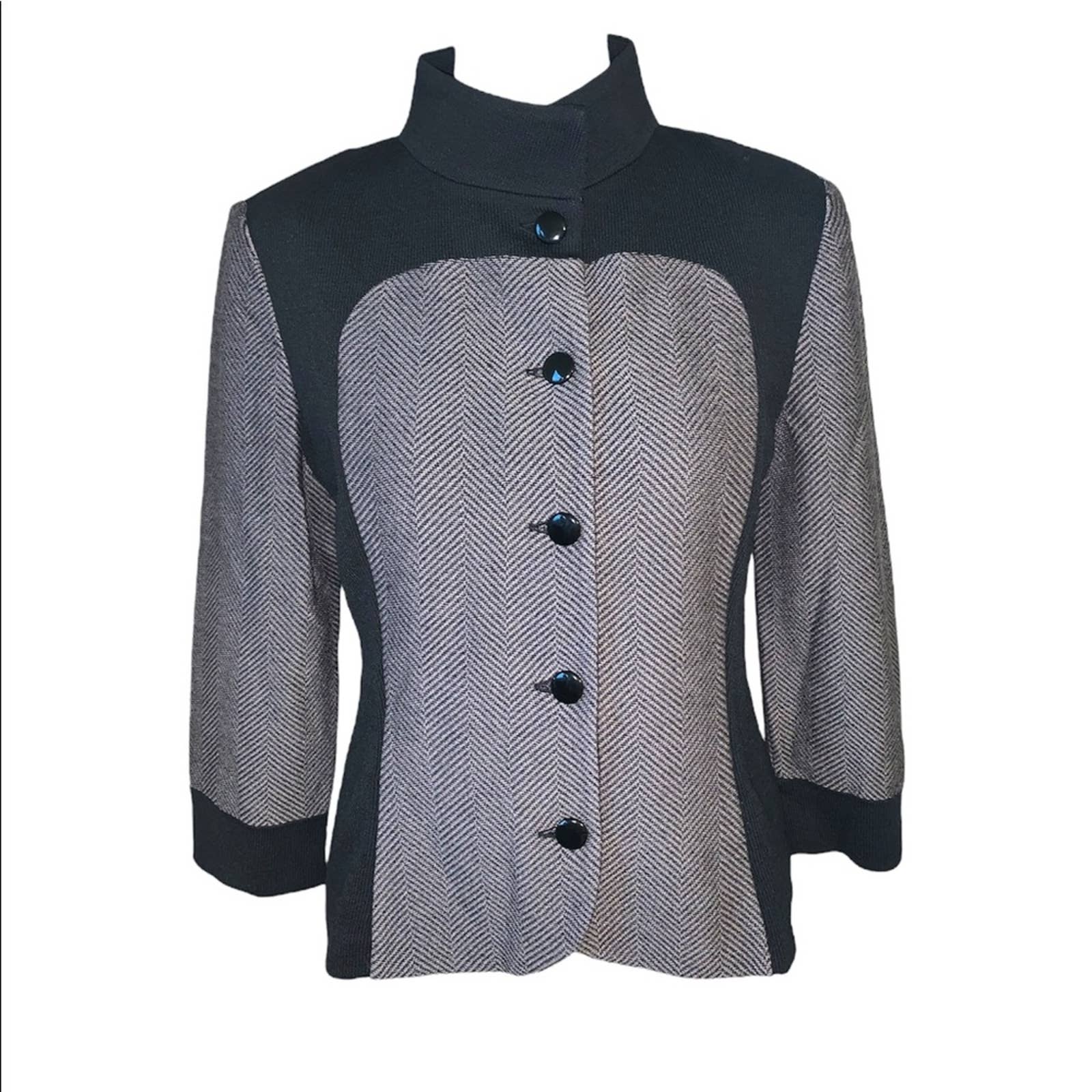 St. John Button Down Blazer Jacket Black Gray Size 4