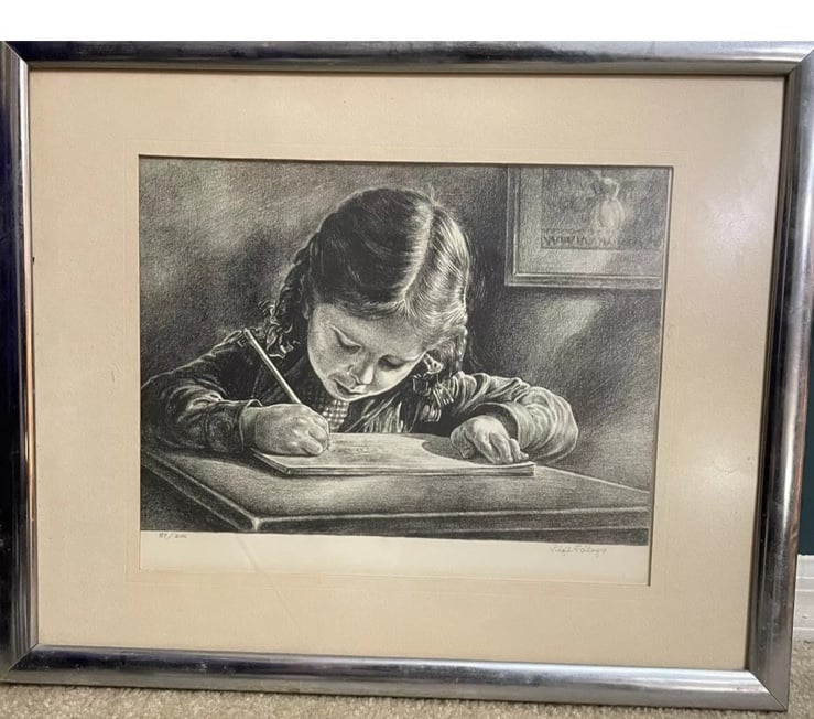 Virgil Finlay Lithograph Of Girl Writing In Book Numbered And Signed