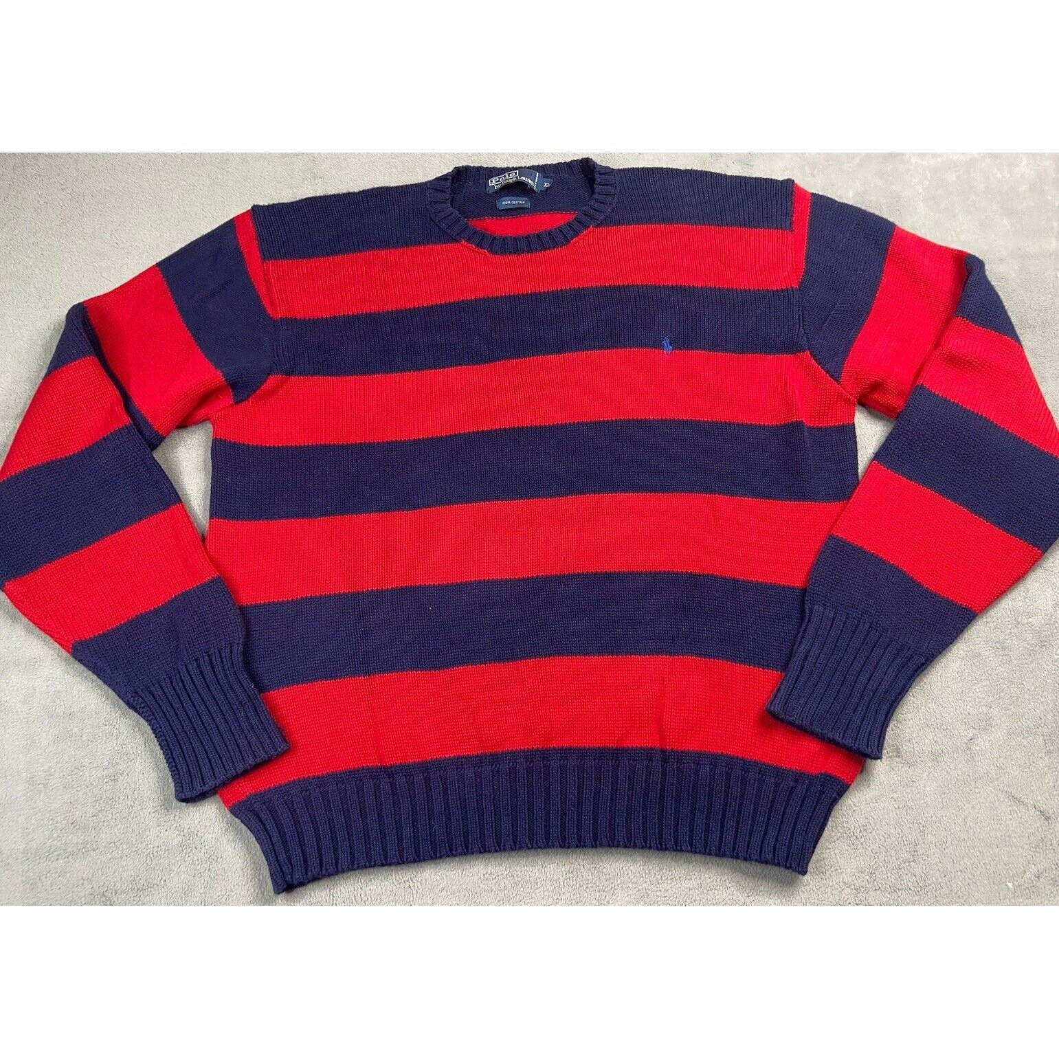 Vintage Polo Ralph Lauren Sweater Men XL Red Navy Stripe Rugby Cotton 90s Preppy