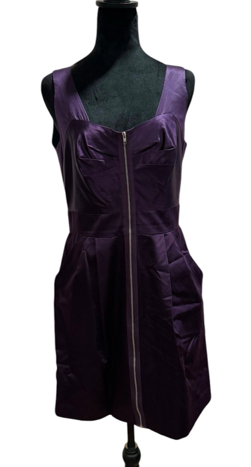 Vintage Y2K Pasametes Purple Silk Satin Front Zip Dress with Pockets Size 8