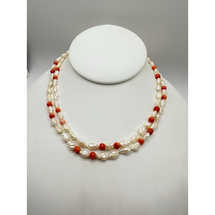 VTG 14k Gold Clasp Natural Baroque Pearl Coral Necklace 30in Estate Sale Beach
