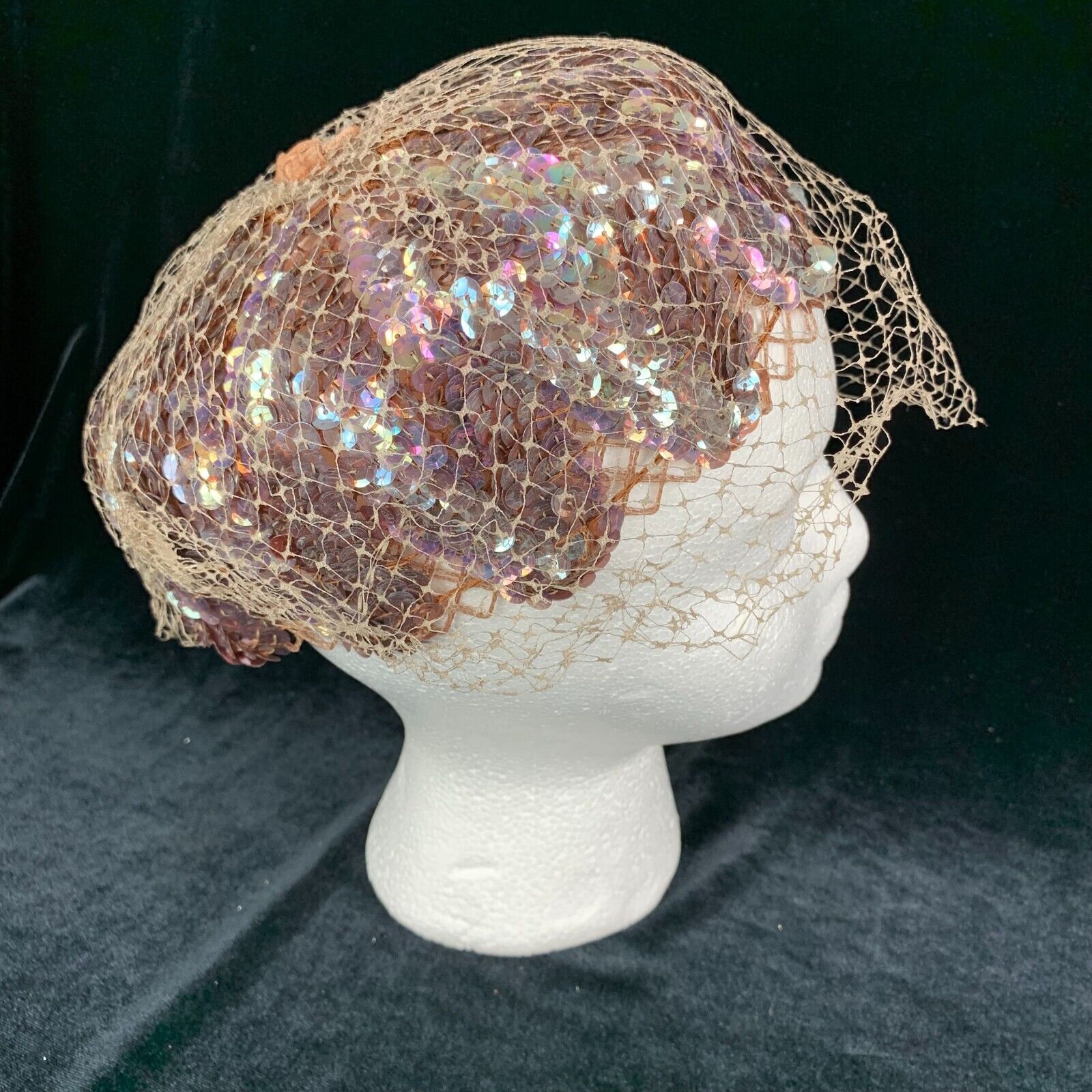 1960s Pillbox Hat Arora Boris Bronze Silver Sequins Net Vail Union Made Bling