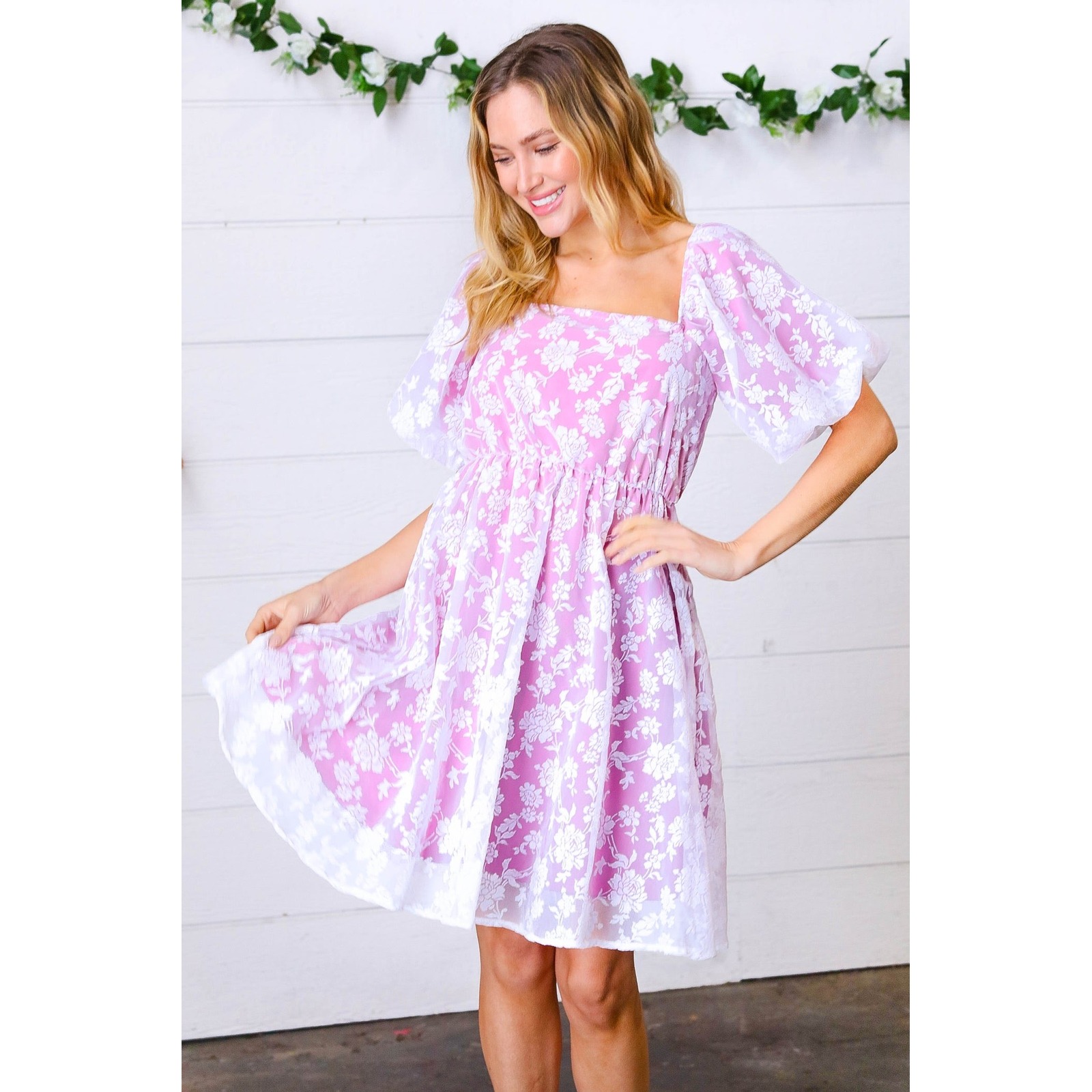 Haptics Floral Lace Puff Sleeve Dress Pink White - Size 1X