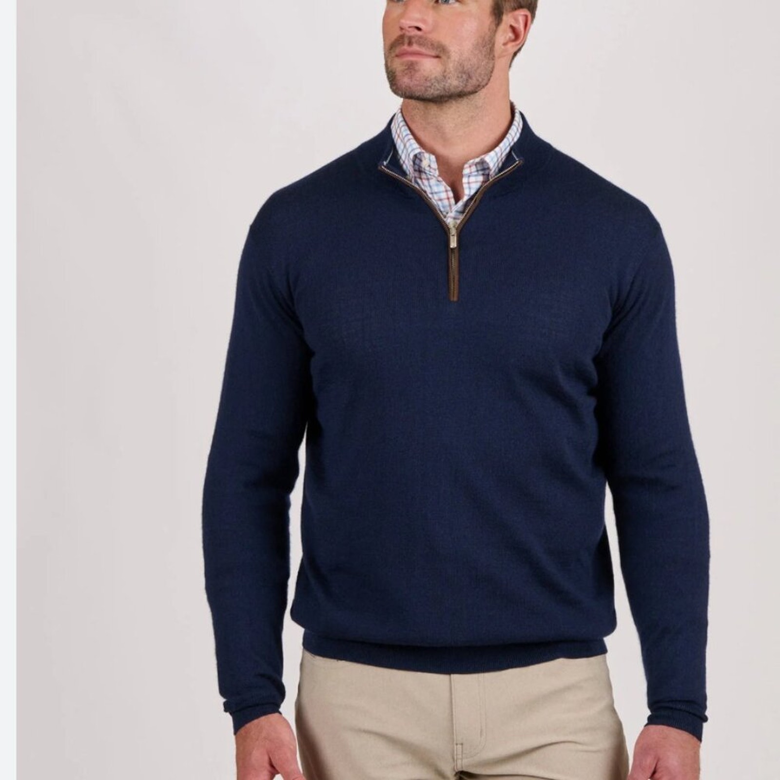 PETER MILLAR Autumn Crest Suede Trim Quarter Zip Navy Wool Blend Sweater size L