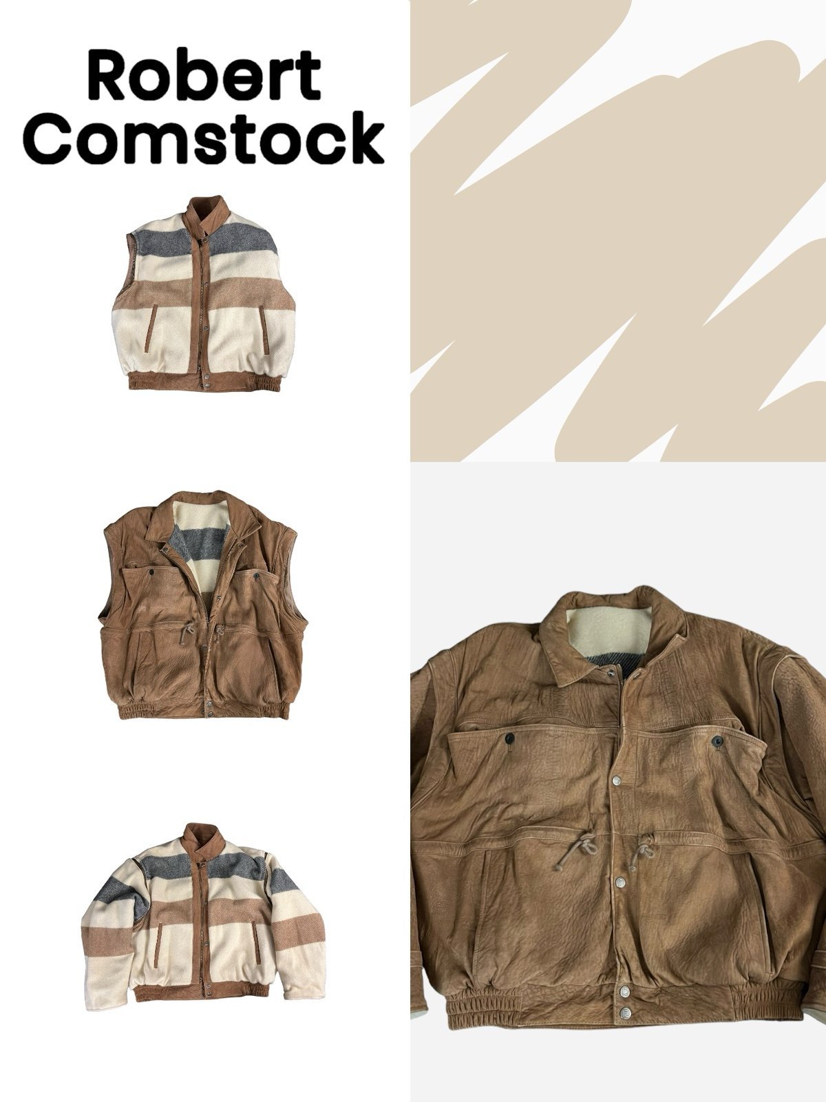 Vintage Robert Comstock Size 44 Leather And Wool Reversible Coat Vest 3 In 1.