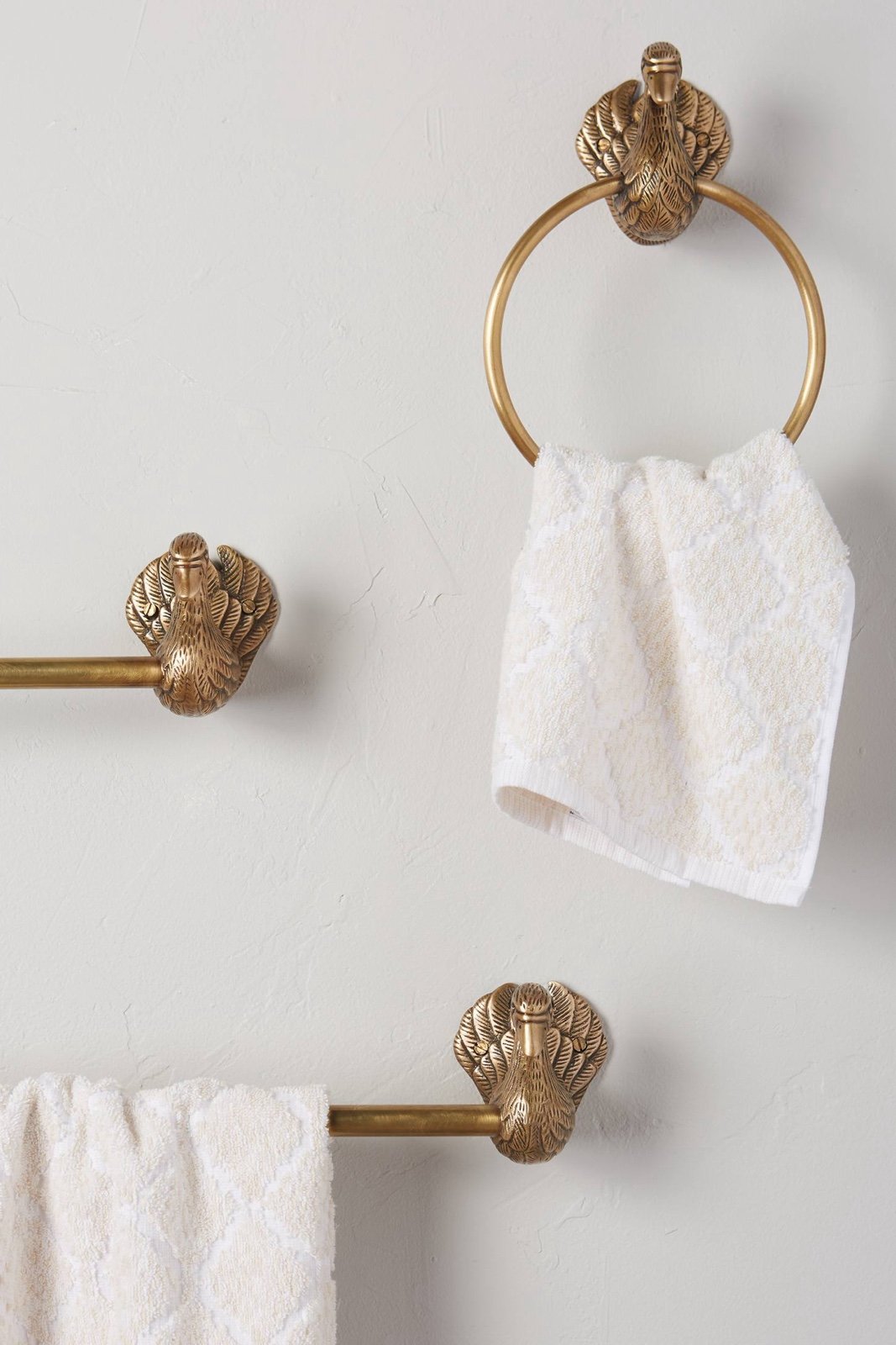 2 Anthropologie brass swan towel ring bar set Bird bath NEW