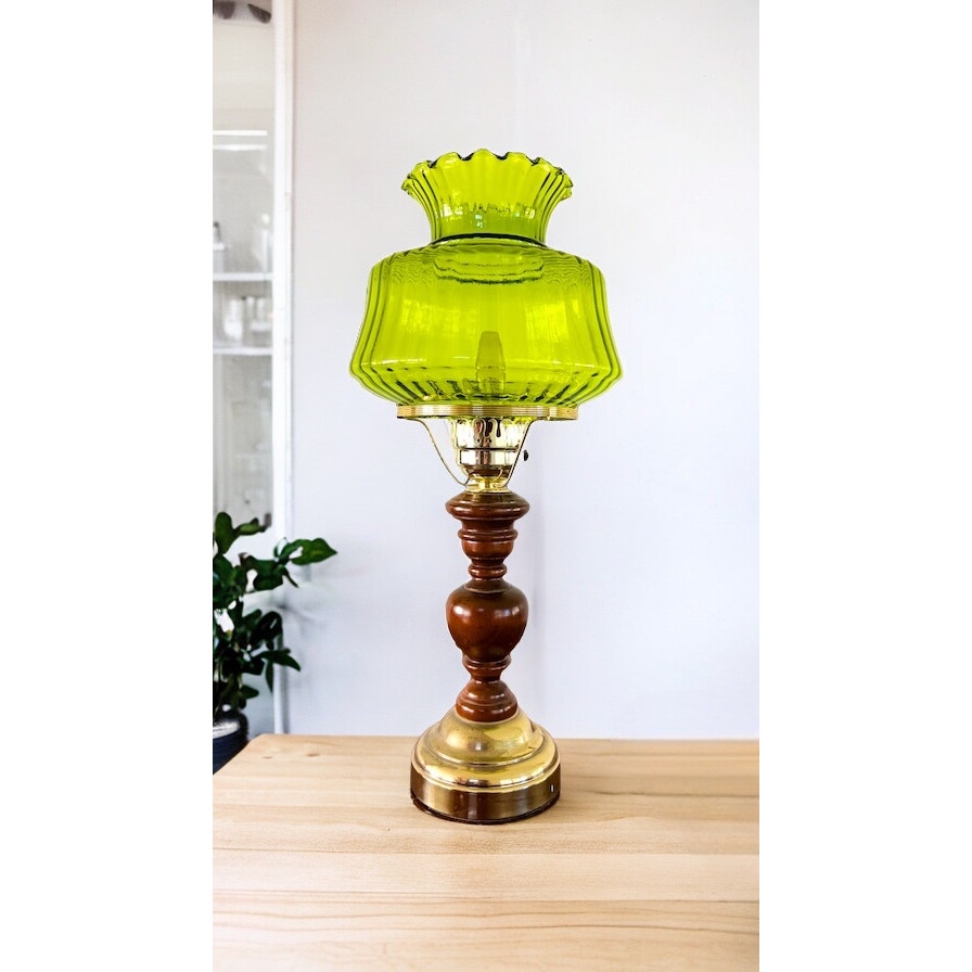 Vintage Mid Century Green Hurricane Lamp.