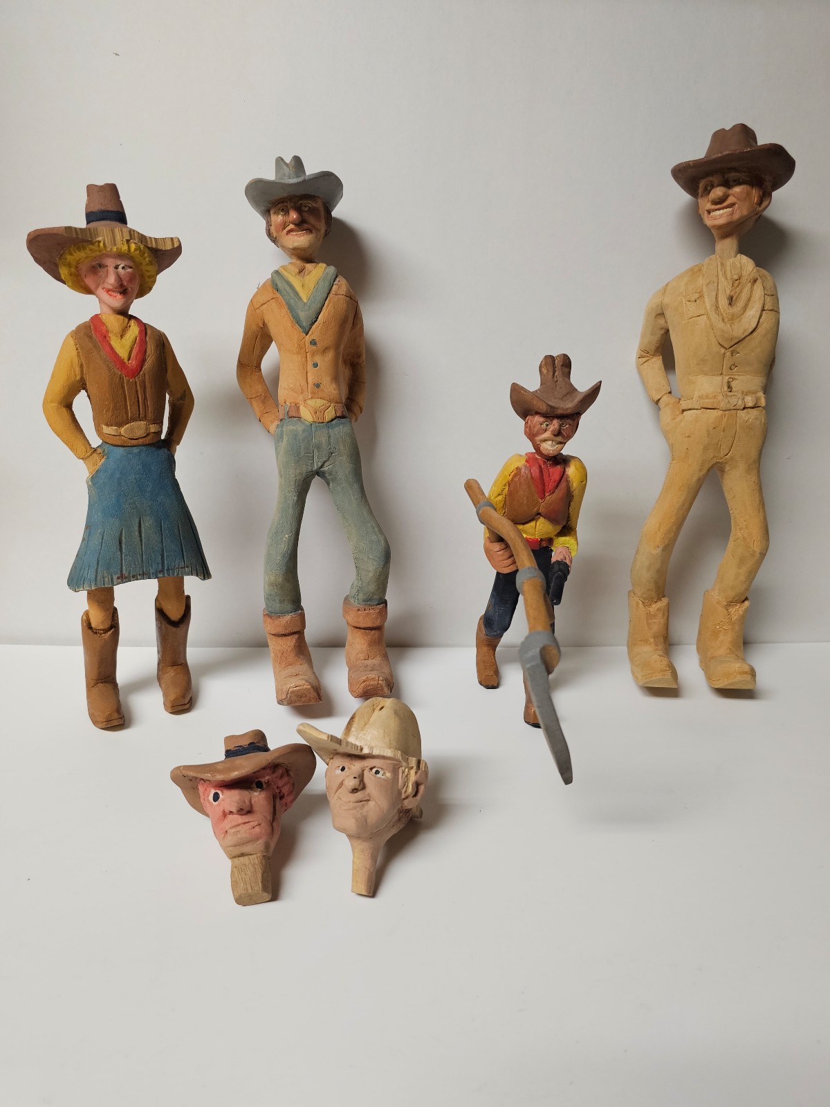 Wooden Hand-carved Cowboy Set w/ Interchangeable Heads, Various Sizes (13 pcs)