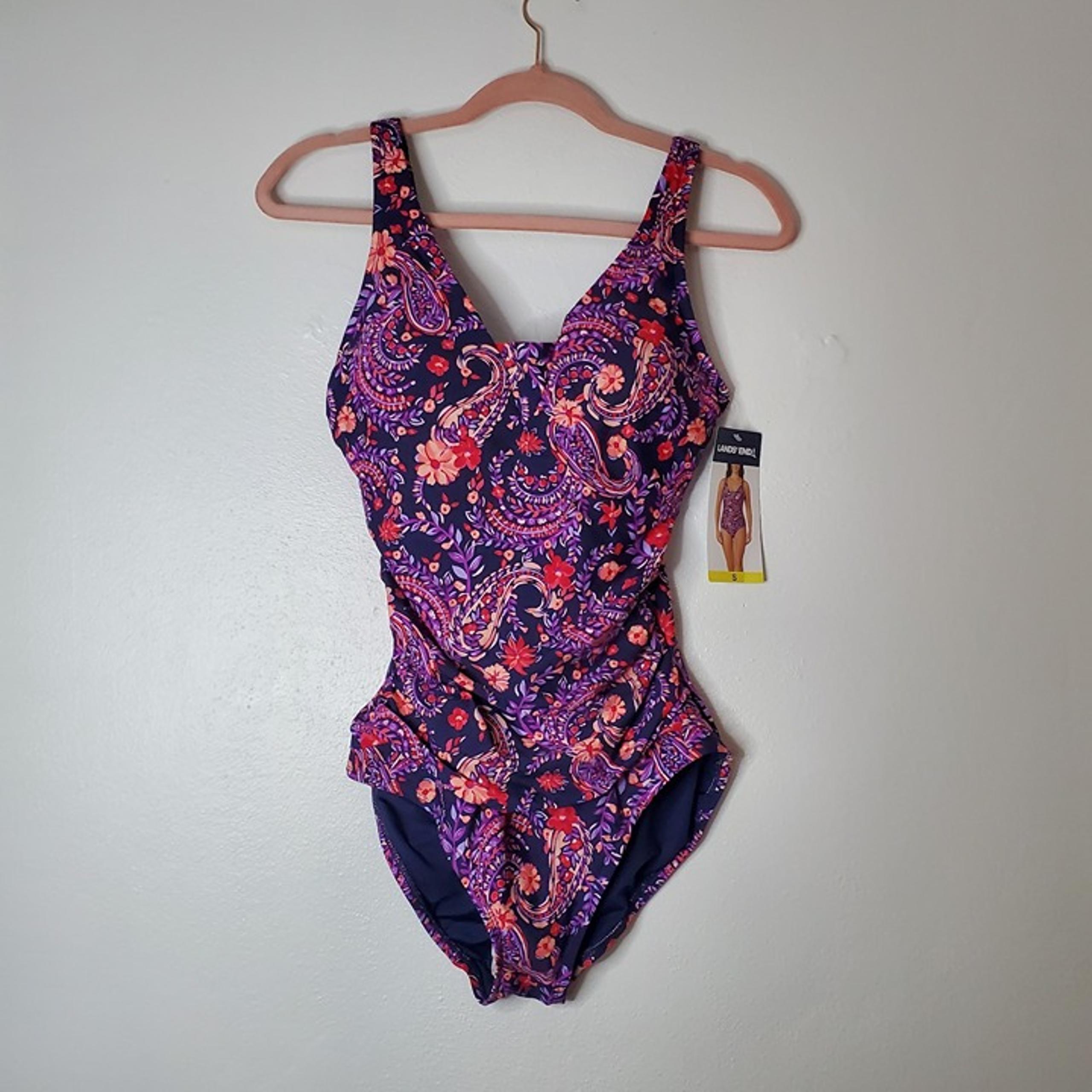 Women's Swimsuit Lands' End Size S Purple Coral Paisley One Piece Removable Pads
