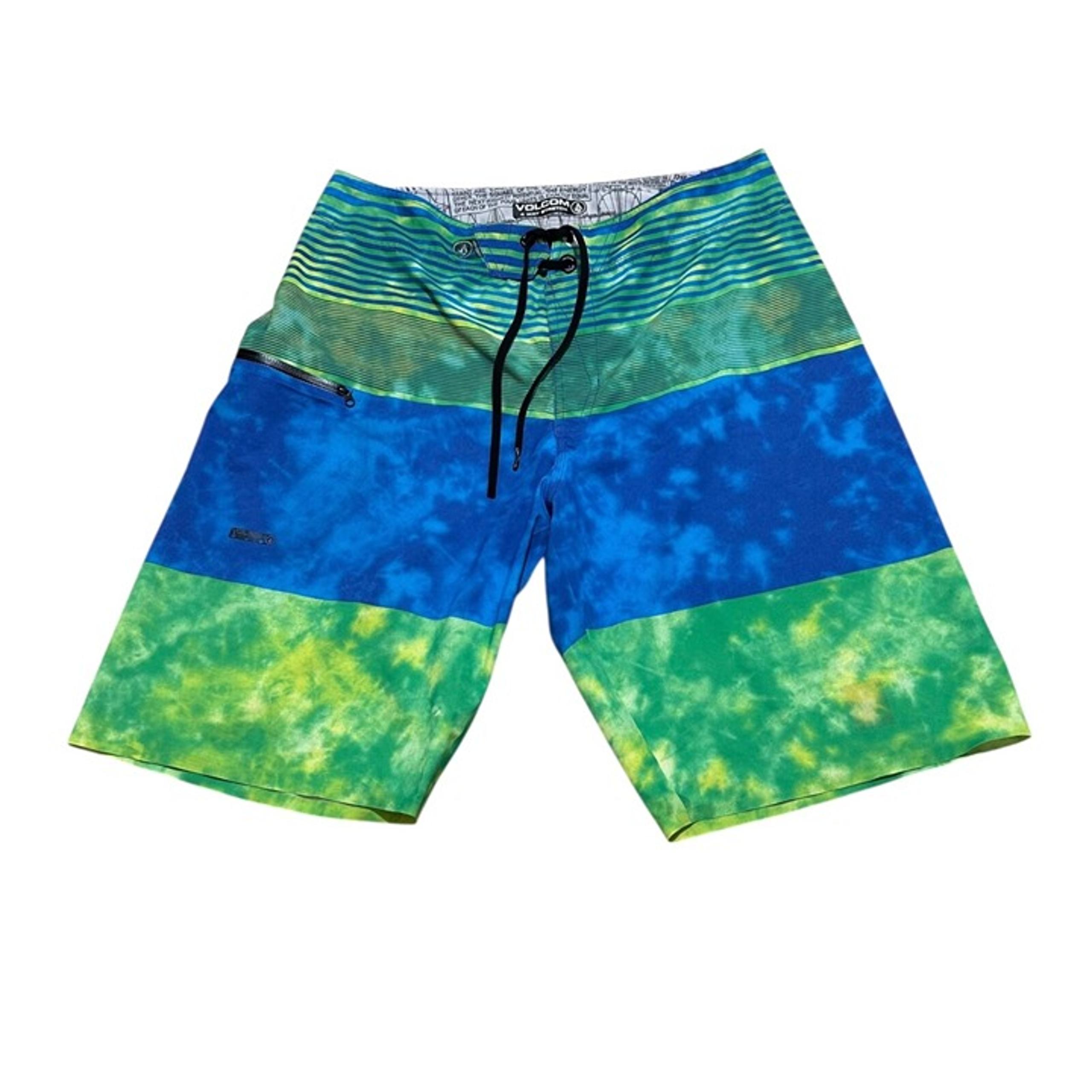 Volcom Men Size 33 Blue Green Striped Swim Board Shorts EUC