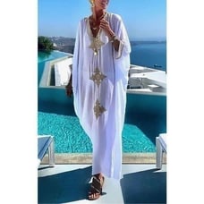 White Kaftan Dress With Gold Embroidery