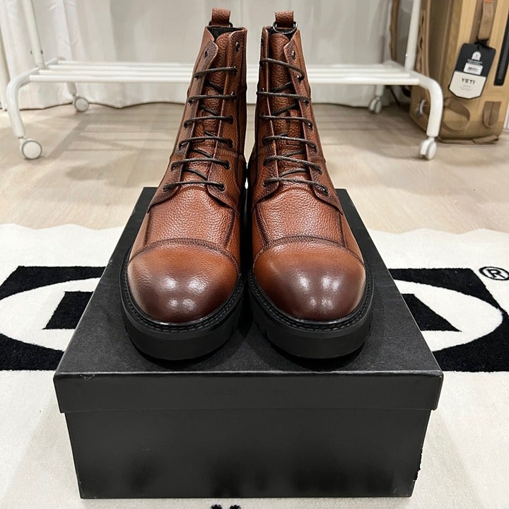 Zanzara Zagori Cognac Leather Lug Sole Blocking Accent Lace Up Boots