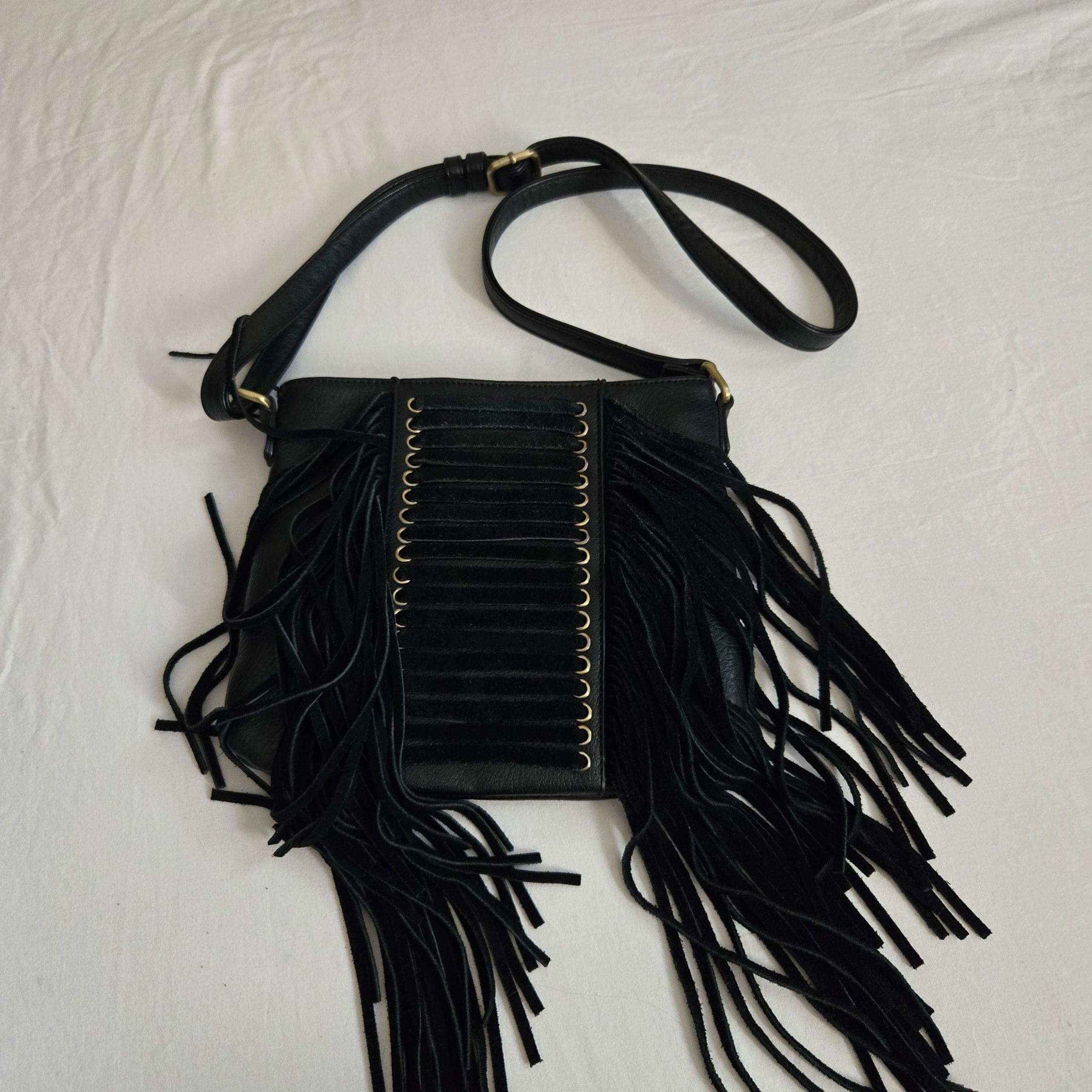 Antik Kraft Fringe Crossbody Bag Purse Black Faux Leather Boho Biker Rock N Roll