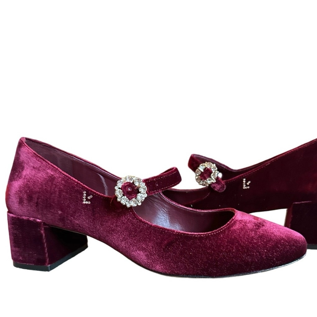 Larroude Blair Pump In Burgundy Velvet hand made in Brazil 8 mary jane fancy