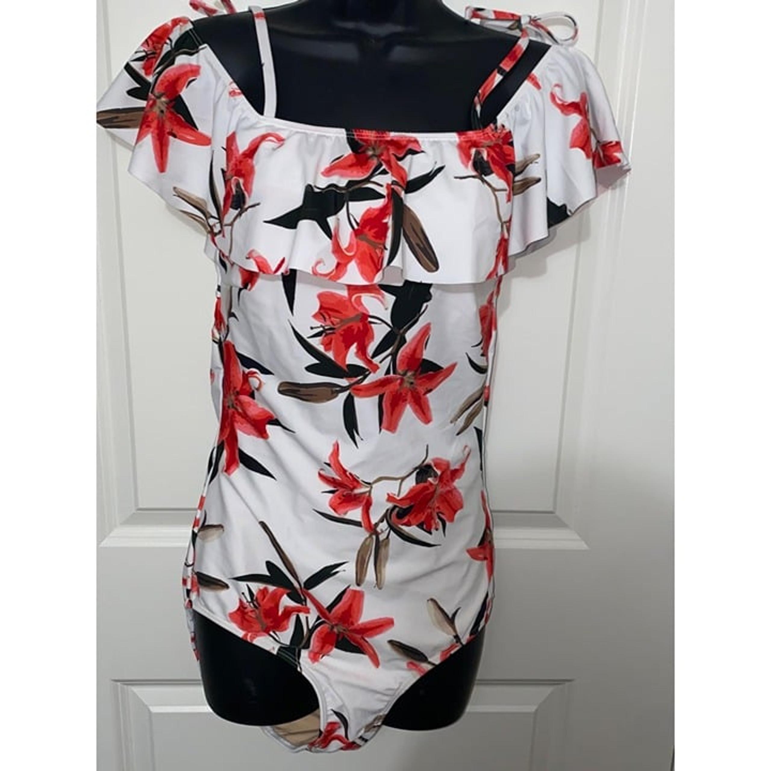 Albion Womens M The Wave White Floral Ruffle Off The Shoulder One Piece Swimsuit