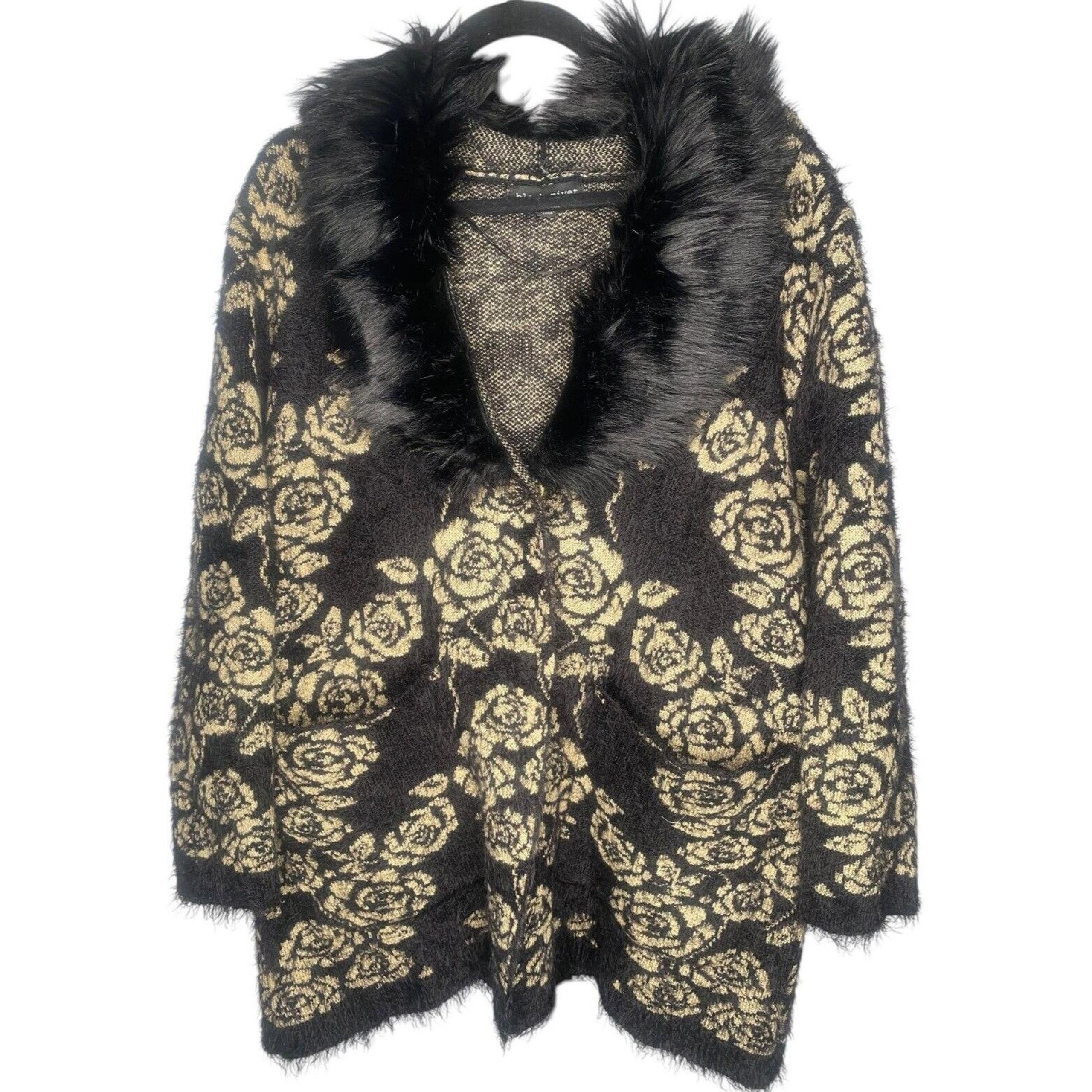 Black Rivet women's Cardigan Sweater Gold Black Floral Faux Fur Collar Large
