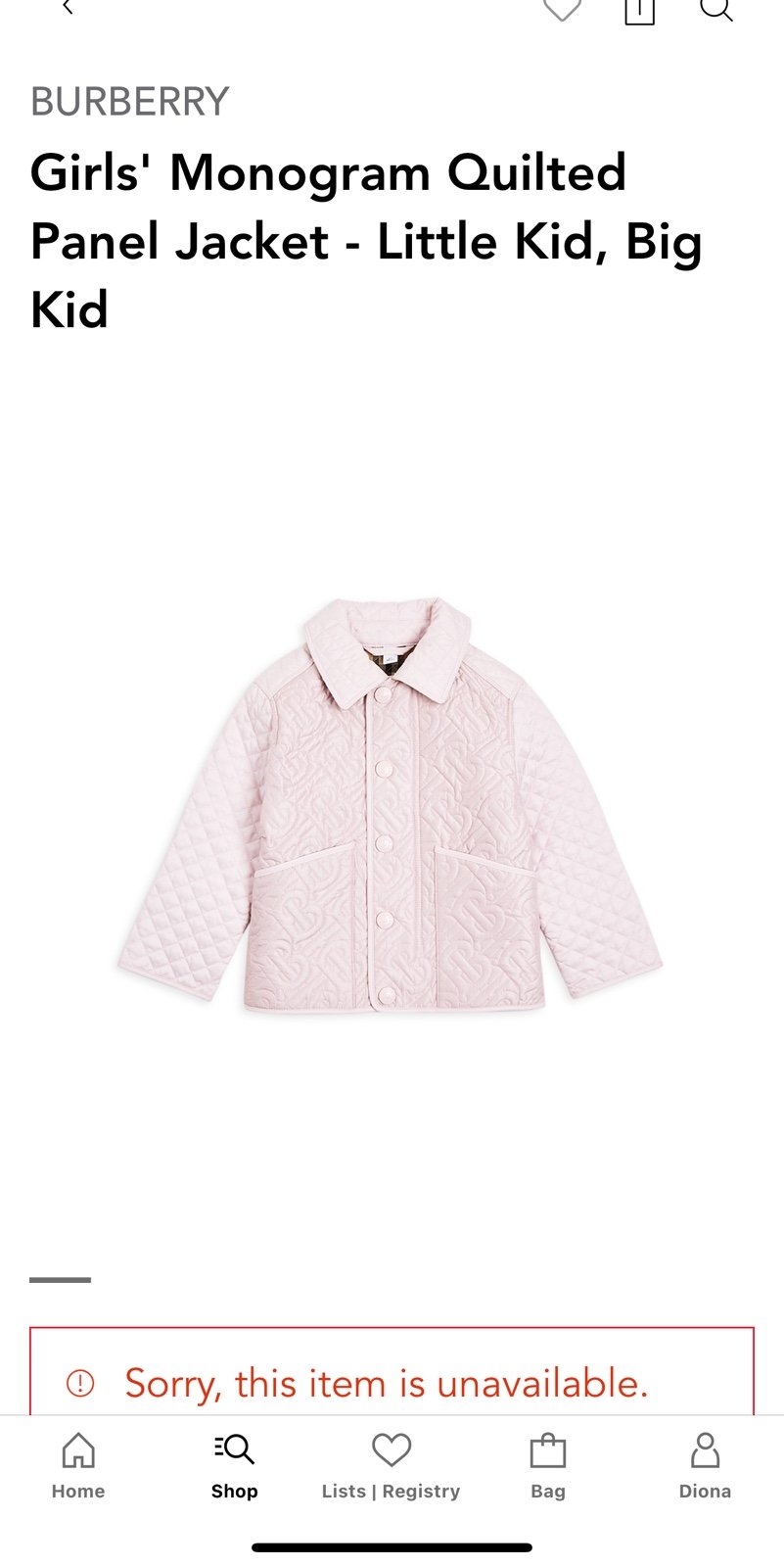 Girls' Monogram Quilted Panel Jacket - size 8Y