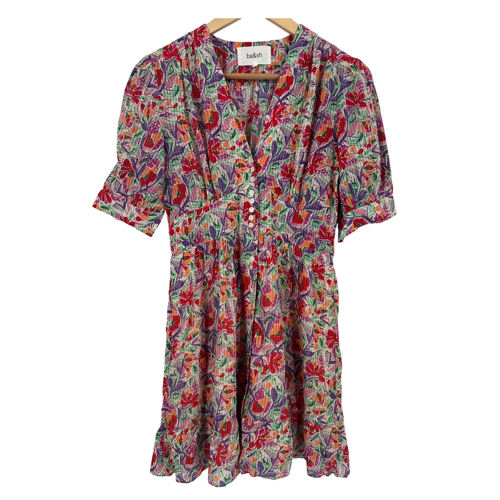 ba&sh Aniela Button Front Floral Print Mini Dress V Neck Short Sleeve Size S