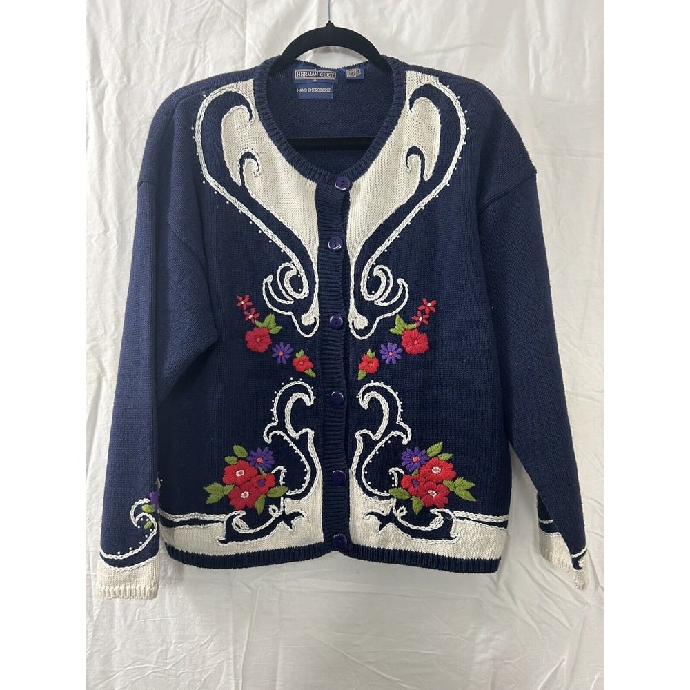 Vintage Herman Geist Floral Embroidered Cardigan Sweater Blue Women's Size XL