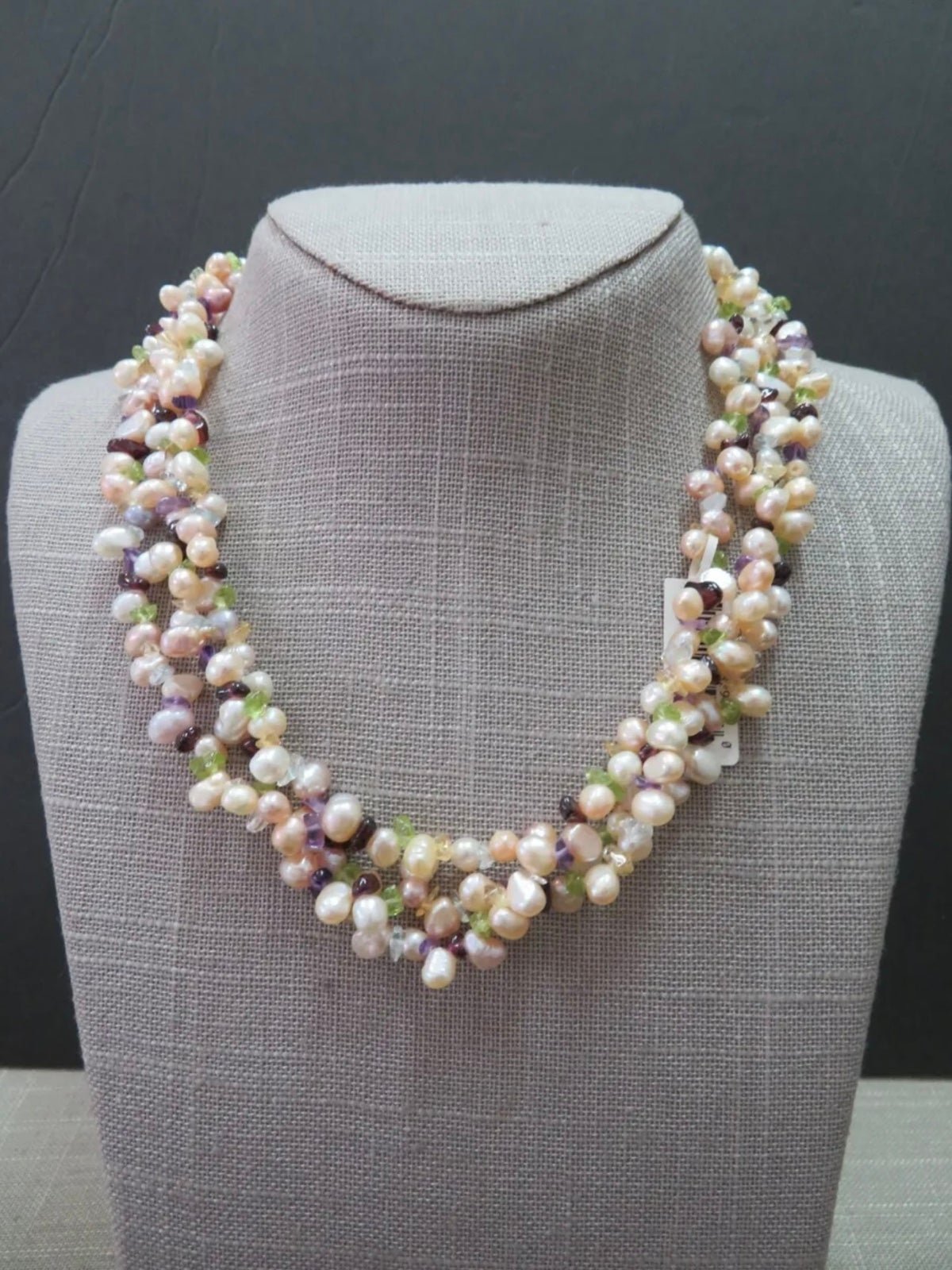14K YELLOW GOLD FRESHWATER PEARLS AND GEMSTONE NECKLACE TRIPLE STRAND PEARLS W/