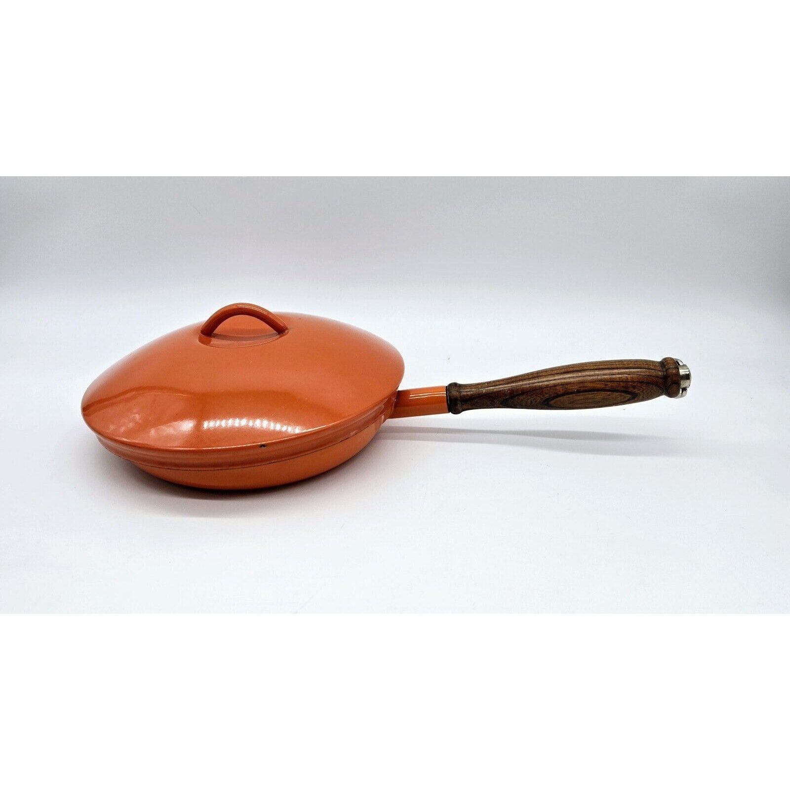Bright Orange Enamelware 8 Frying Pan With Lid, Wooden Handle (Descoware?)
