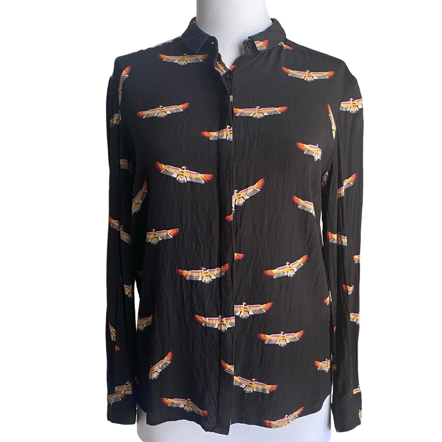 BIMBA Y LOLA 98 Thunderbird Print Long Sleeved Collared Button Up Blouse Top XS