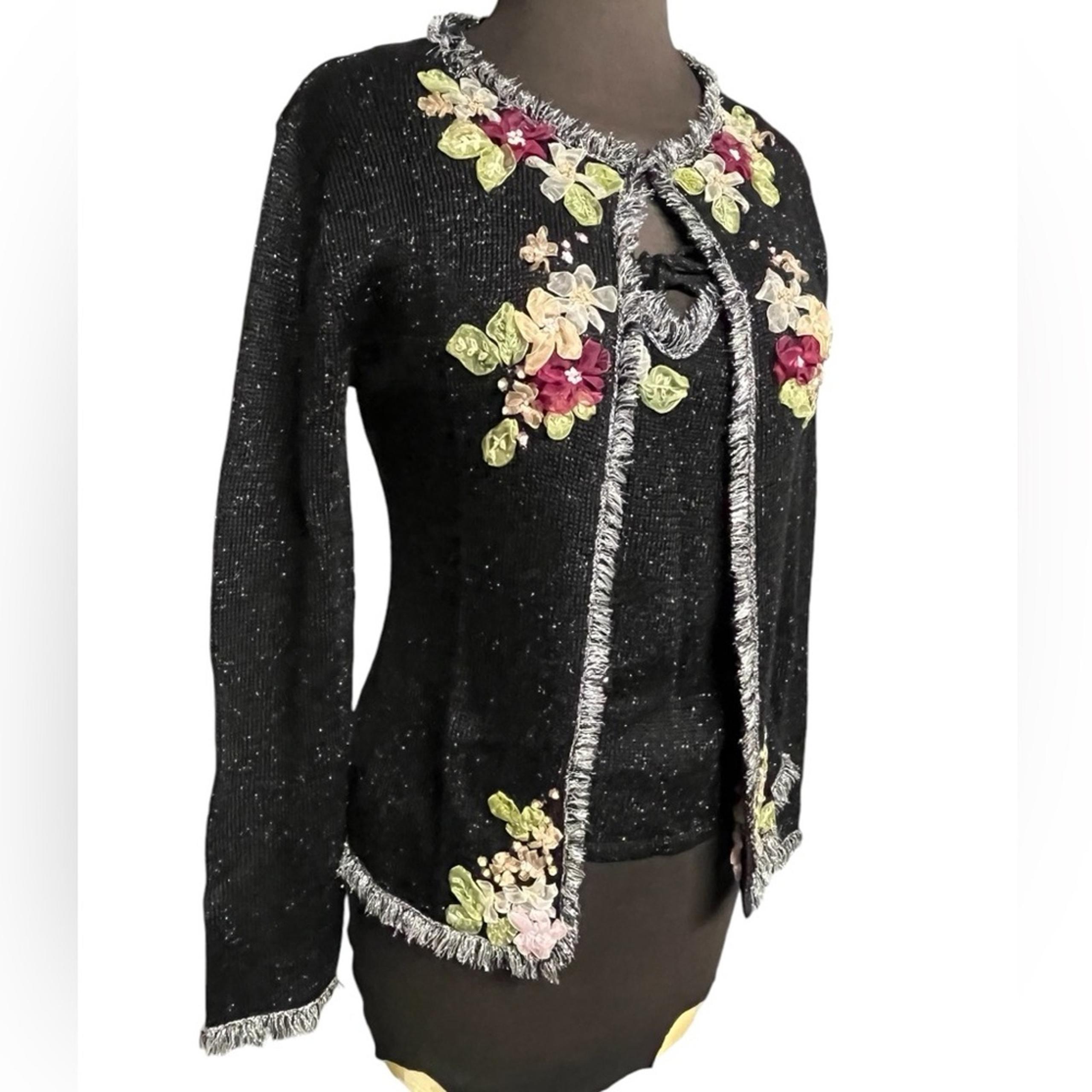 Vtg 3D Floral Whimsigoth Fairy Metallic Fringe Twinset Cardigan Size S Glam
