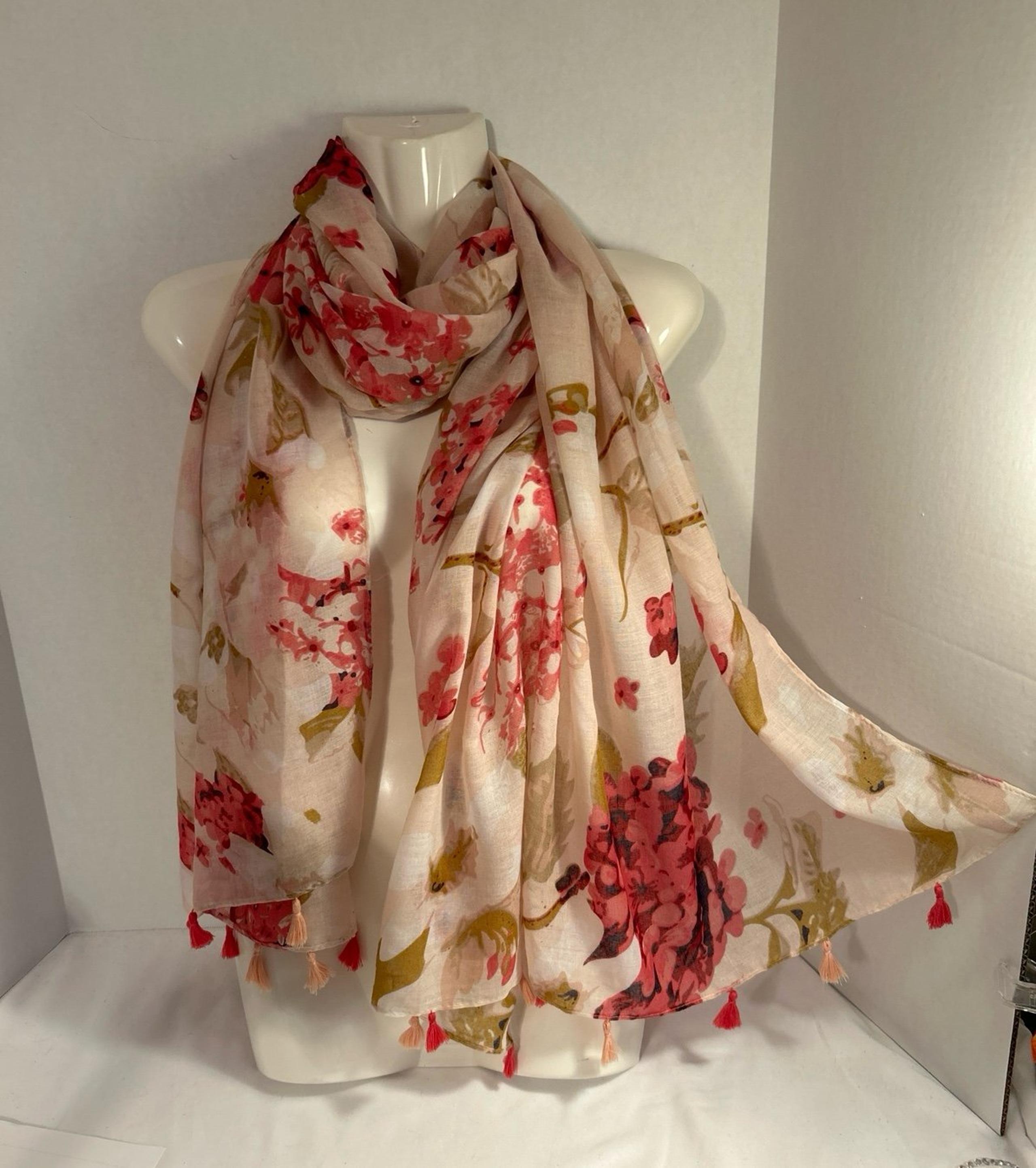 Scarf, Shawl, wrap, soft Pink Long ,with large hydrangeas Tassels