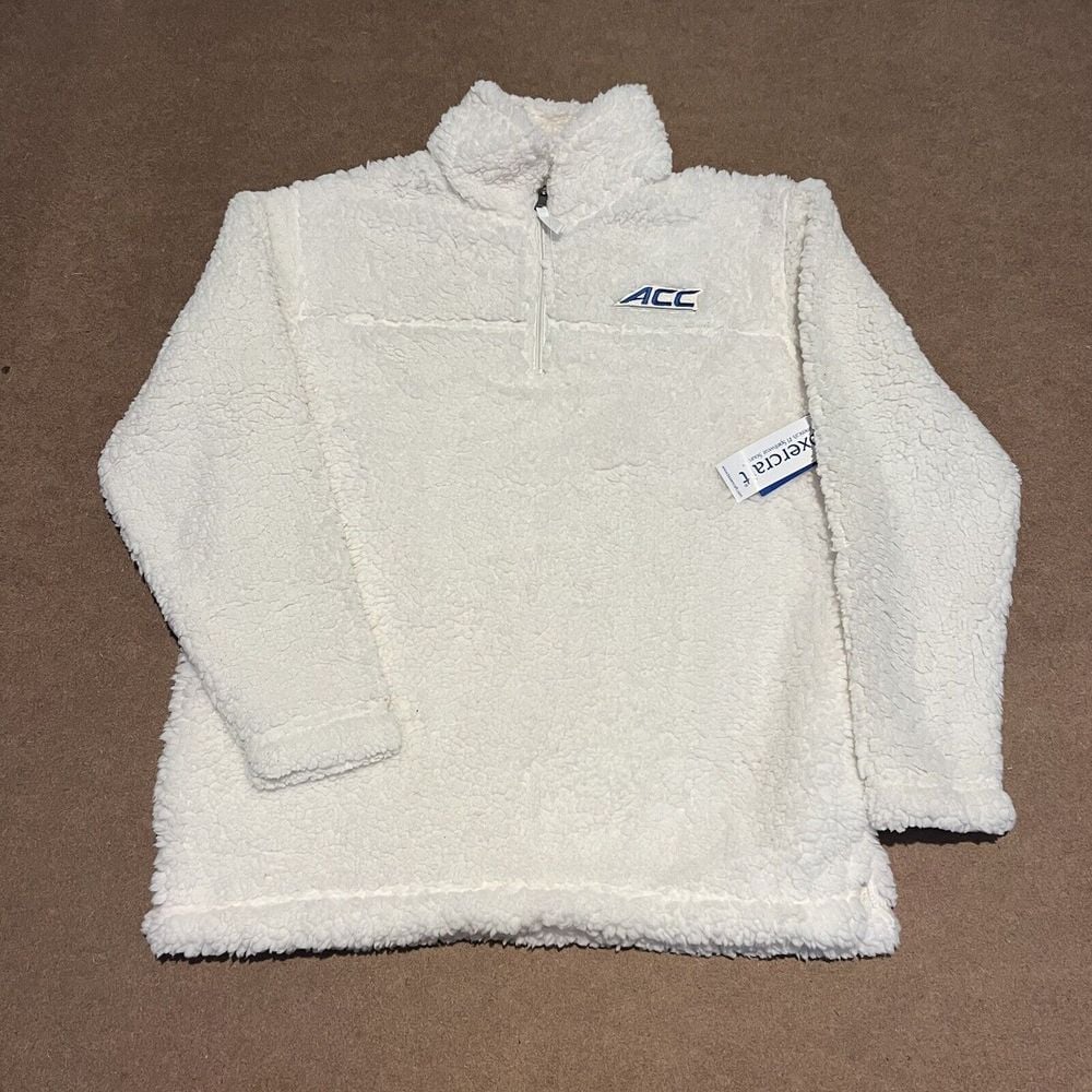 ACC Fleece Jacket Women M White Fuzzy Furry Teddy Snap 1/4 Zip Up Sweatshirt