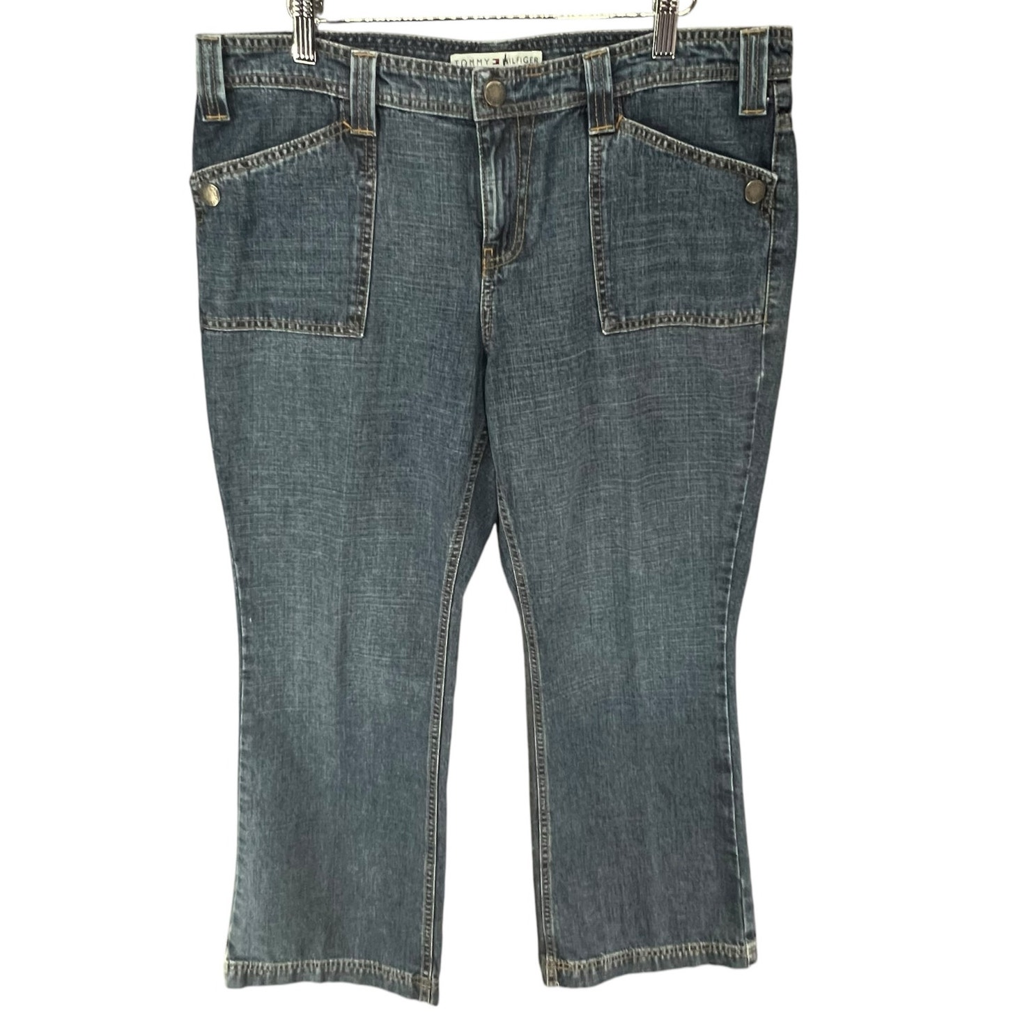 Vintage Tommy Hilfiger Jeans Womens 14P Blue Denim Flare Patch Pockets Retro Y2K