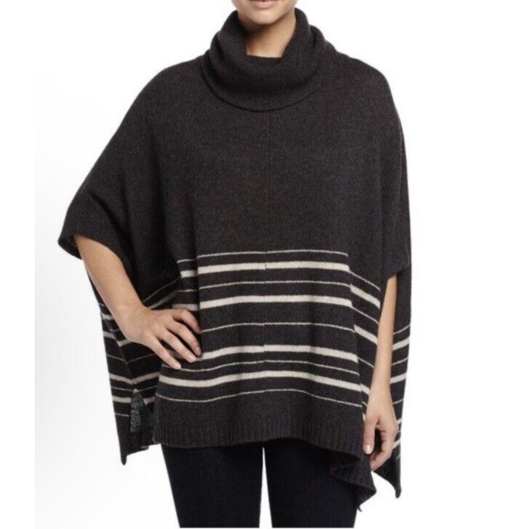 360 Cashmere Women's XS Oversized Gray & White Striped Turtleneck Poncho