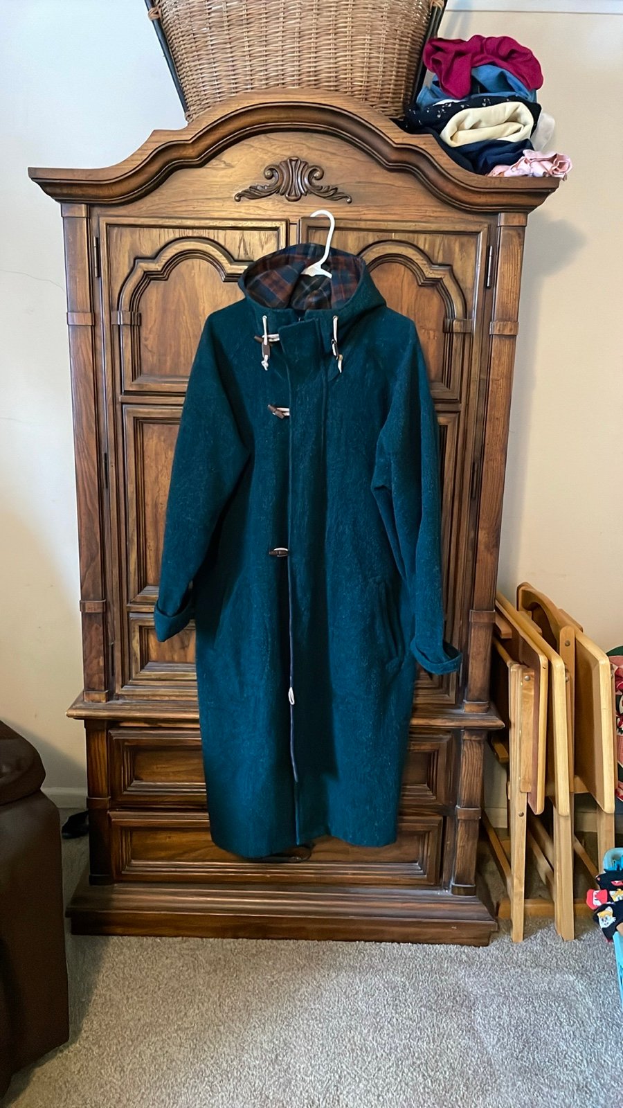 Vintage Woolrich Green Plaid Lined Toggle Closure Long Hooded Barn Chore Coat