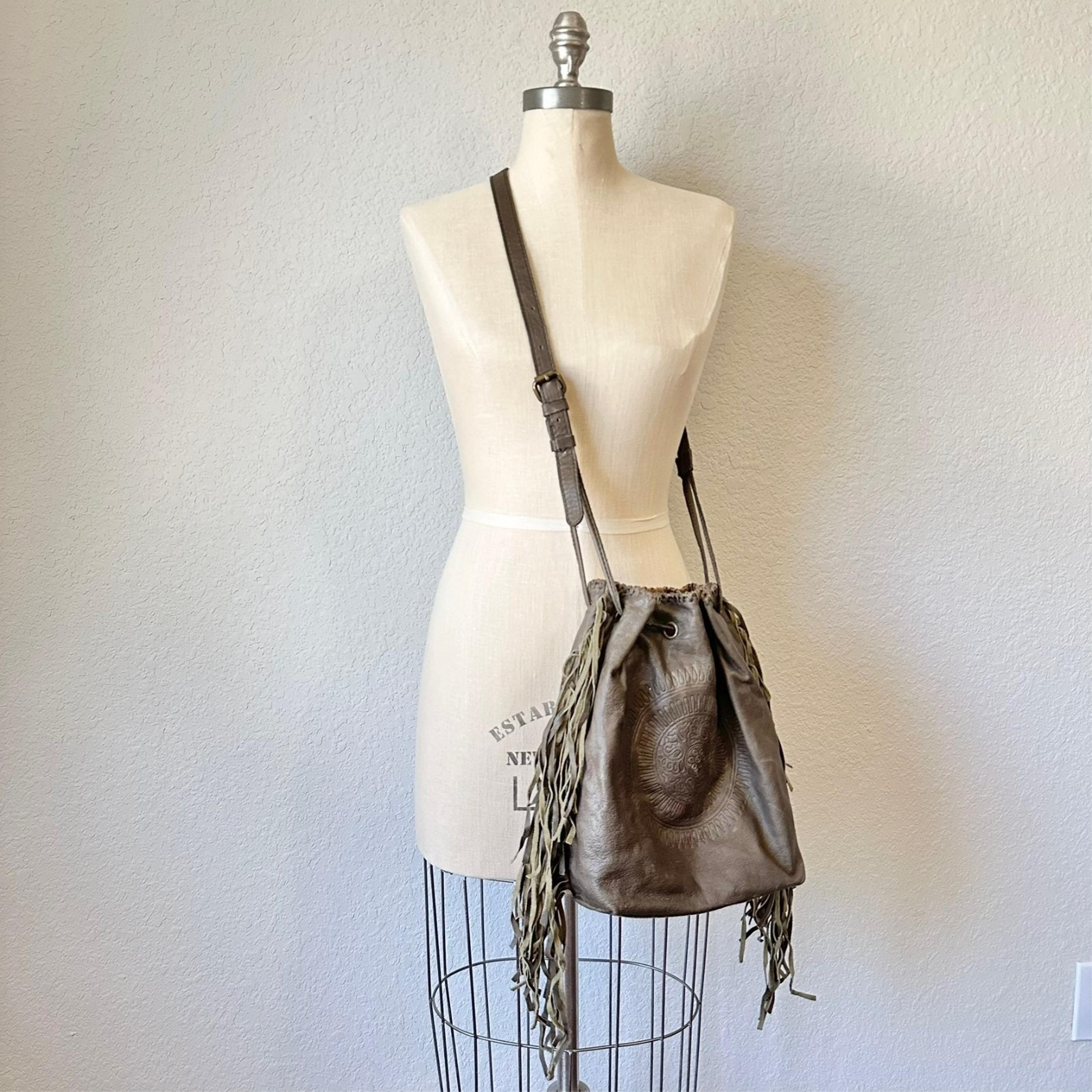 PATRICIA NASH Bucket Bag Womens Taupe Leather Crossbody Fringed Boho Western